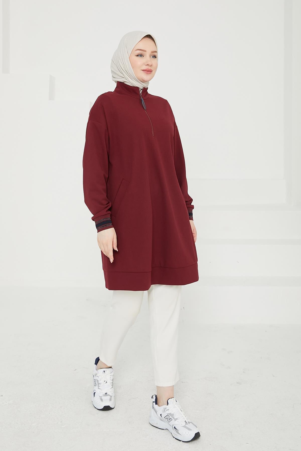 ARMİNE TREND Yarım Fermuarlı Kolları Ribanalı Tunik-Bordo 24KT480