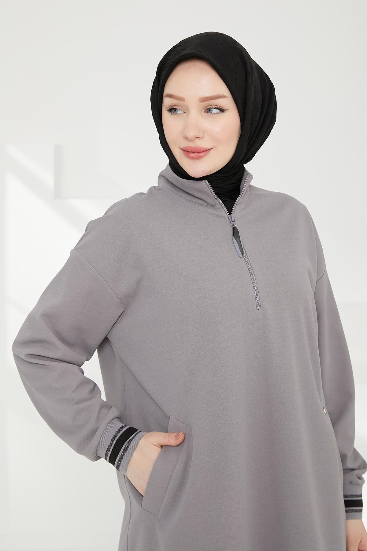 ARMİNE TREND Yarım Fermuarlı Kolları Ribanalı Tunik-Gri 24KT480