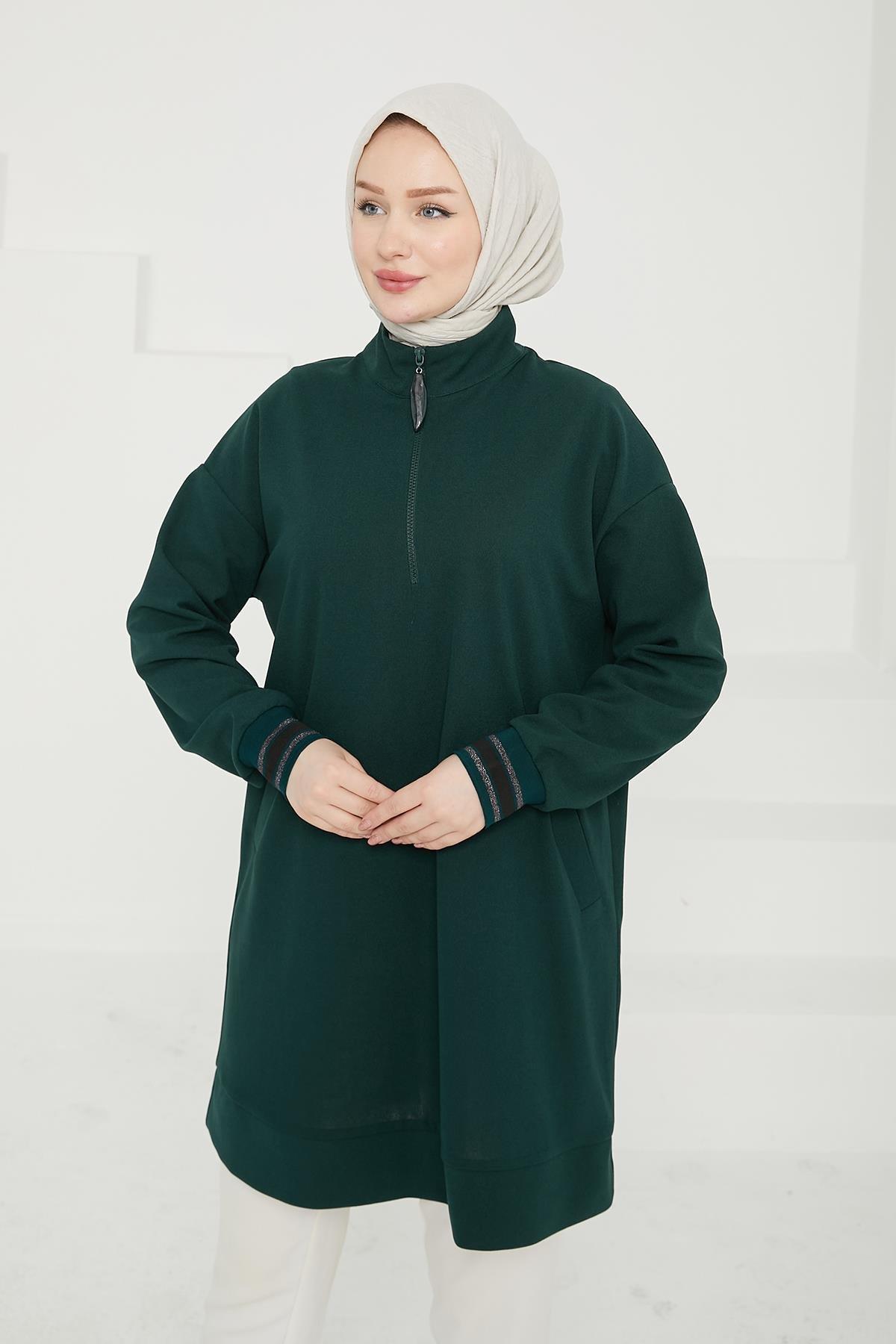 ARMİNE TREND Yarım Fermuarlı Kolları Ribanalı Tunik-Zümrüt 24KT480