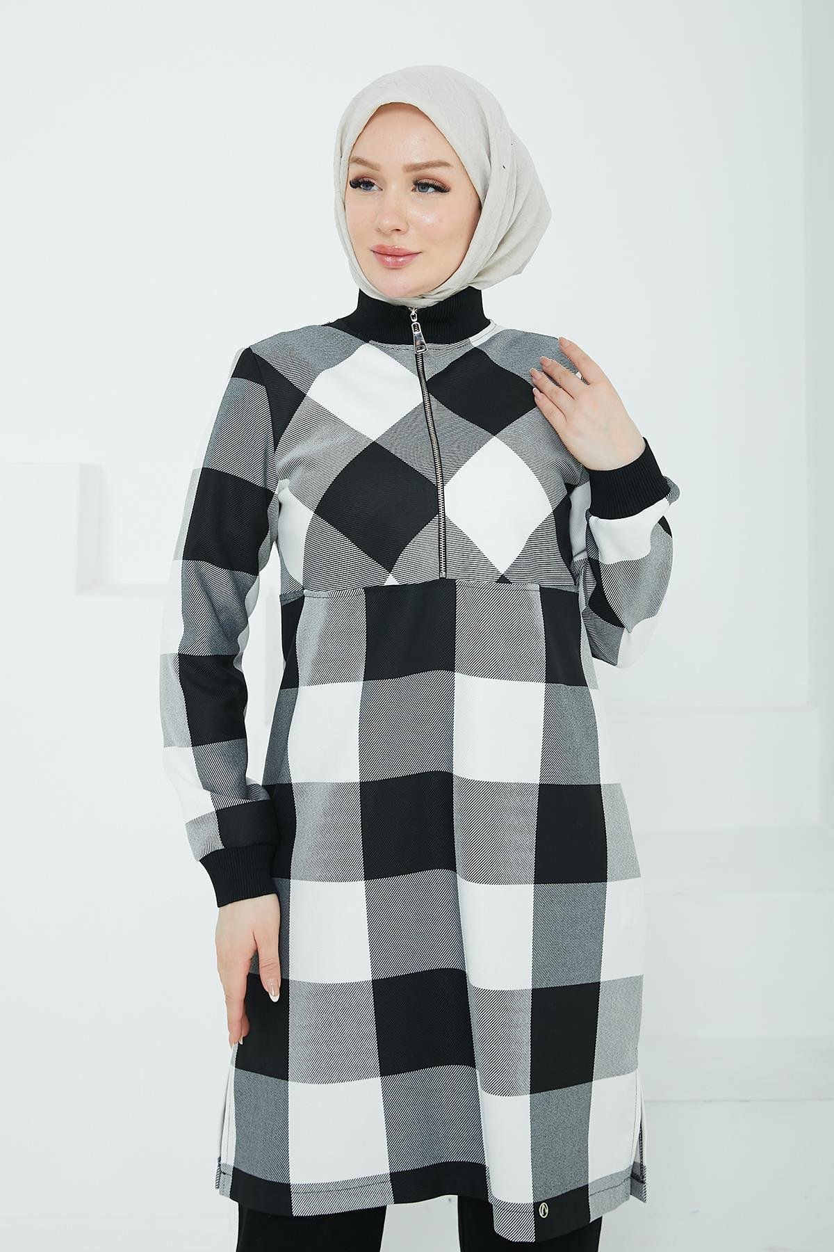 ARMİNE TREND Yarım Fermuarlı Kolları Ribanalı Tunik Siyah Beyaz 24KT416