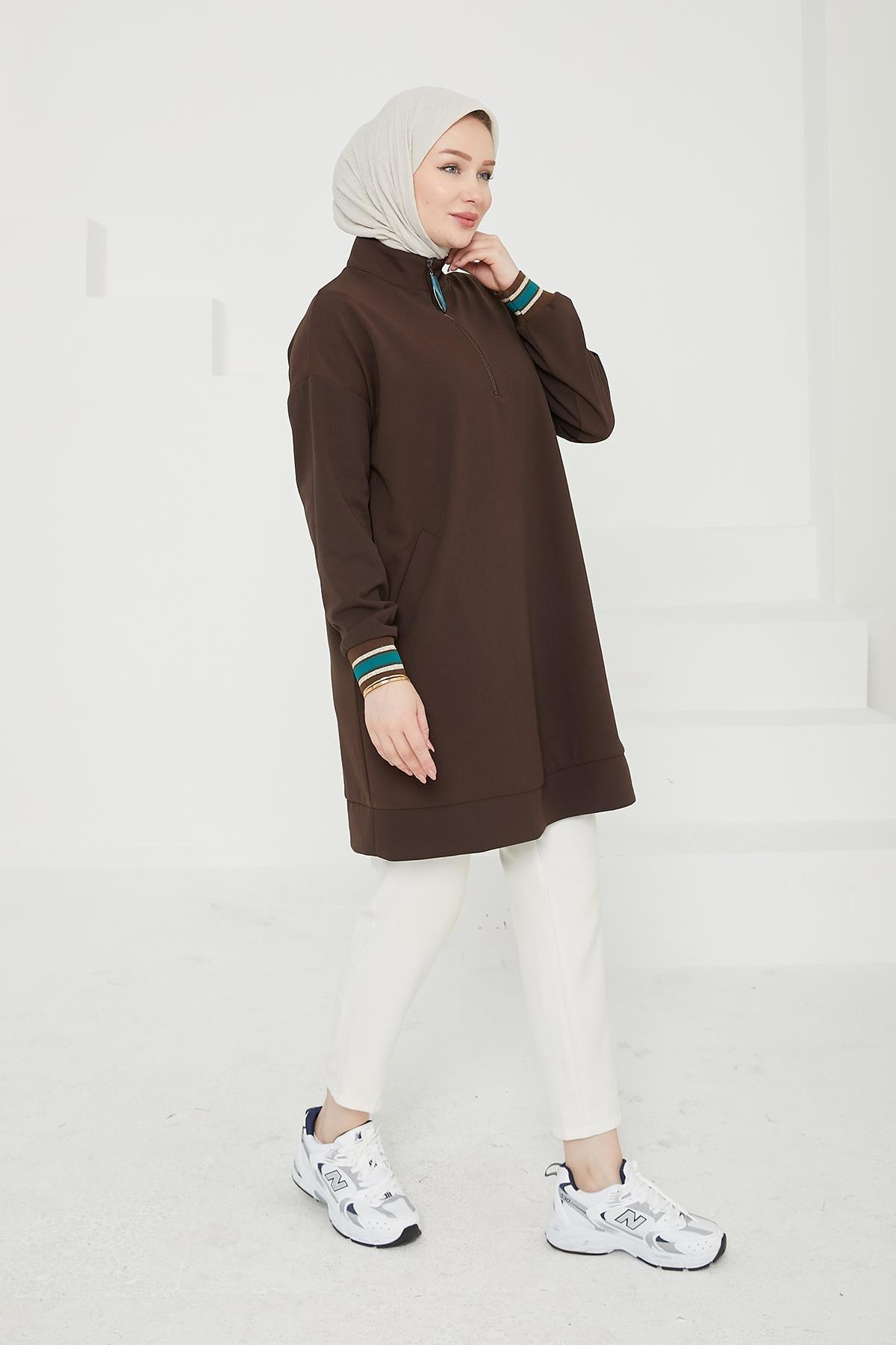 ARMİNE TREND Yarım Fermuarlı Kolları Ribanalı Tunik-Acı Kahve 24KT480