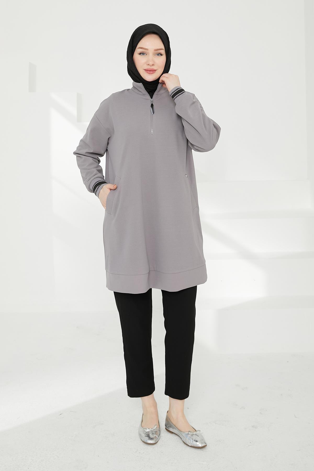 ARMİNE TREND Yarım Fermuarlı Kolları Ribanalı Tunik-Gri 24KT480