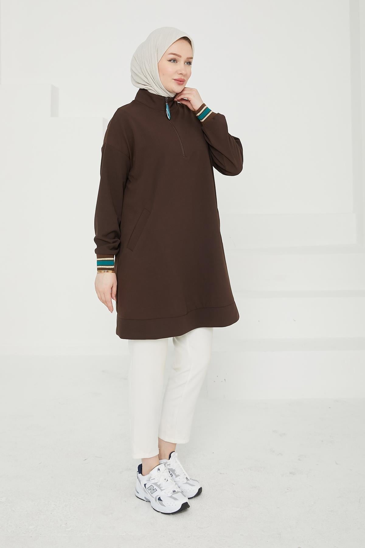 ARMİNE TREND Yarım Fermuarlı Kolları Ribanalı Tunik-Acı Kahve 24KT480