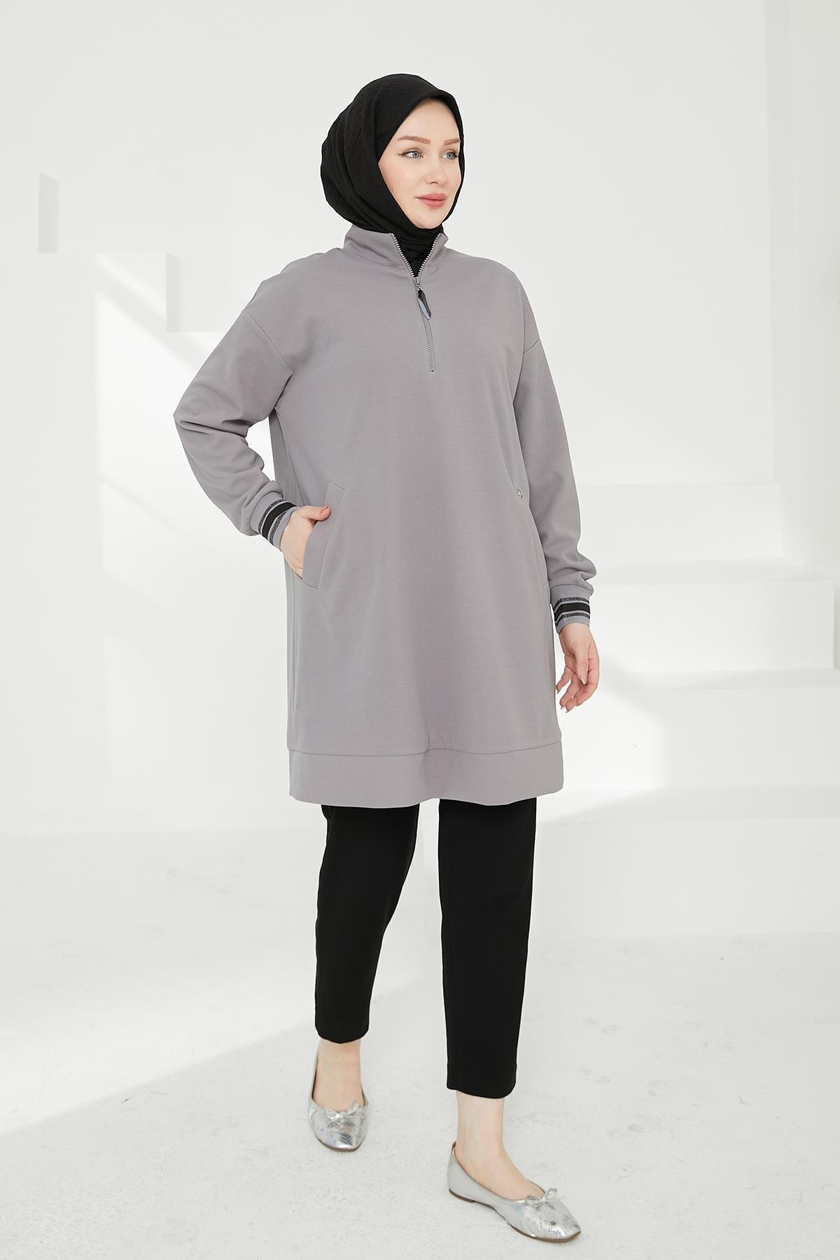 ARMİNE TREND Yarım Fermuarlı Kolları Ribanalı Tunik-Gri 24KT480