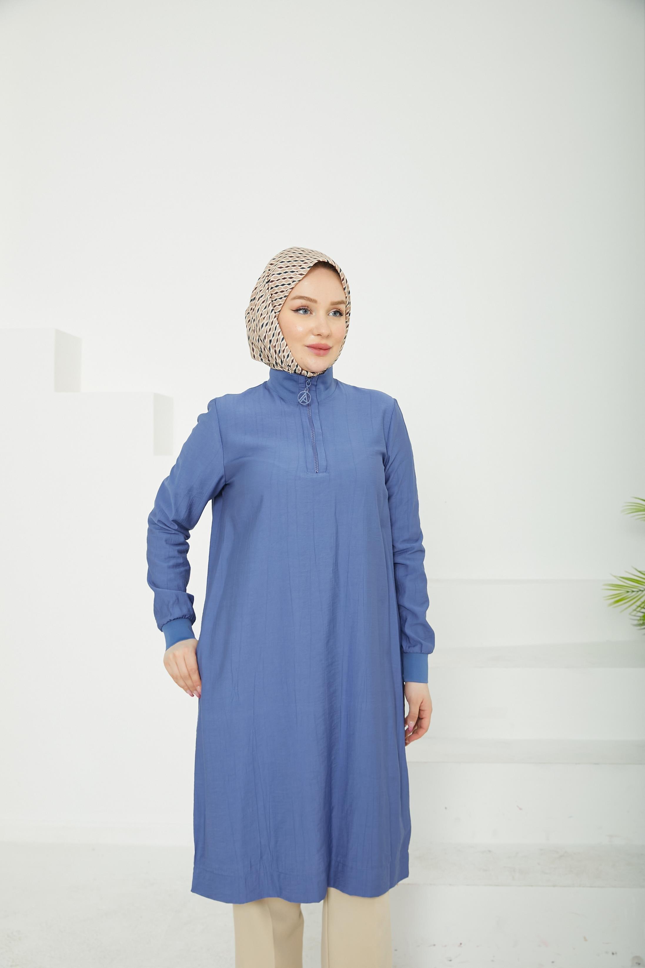 ARMİNE TREND Yarım Fermuarlı Kolları ve Yakası Ribanalı Tunik-İndigo-25YT433
