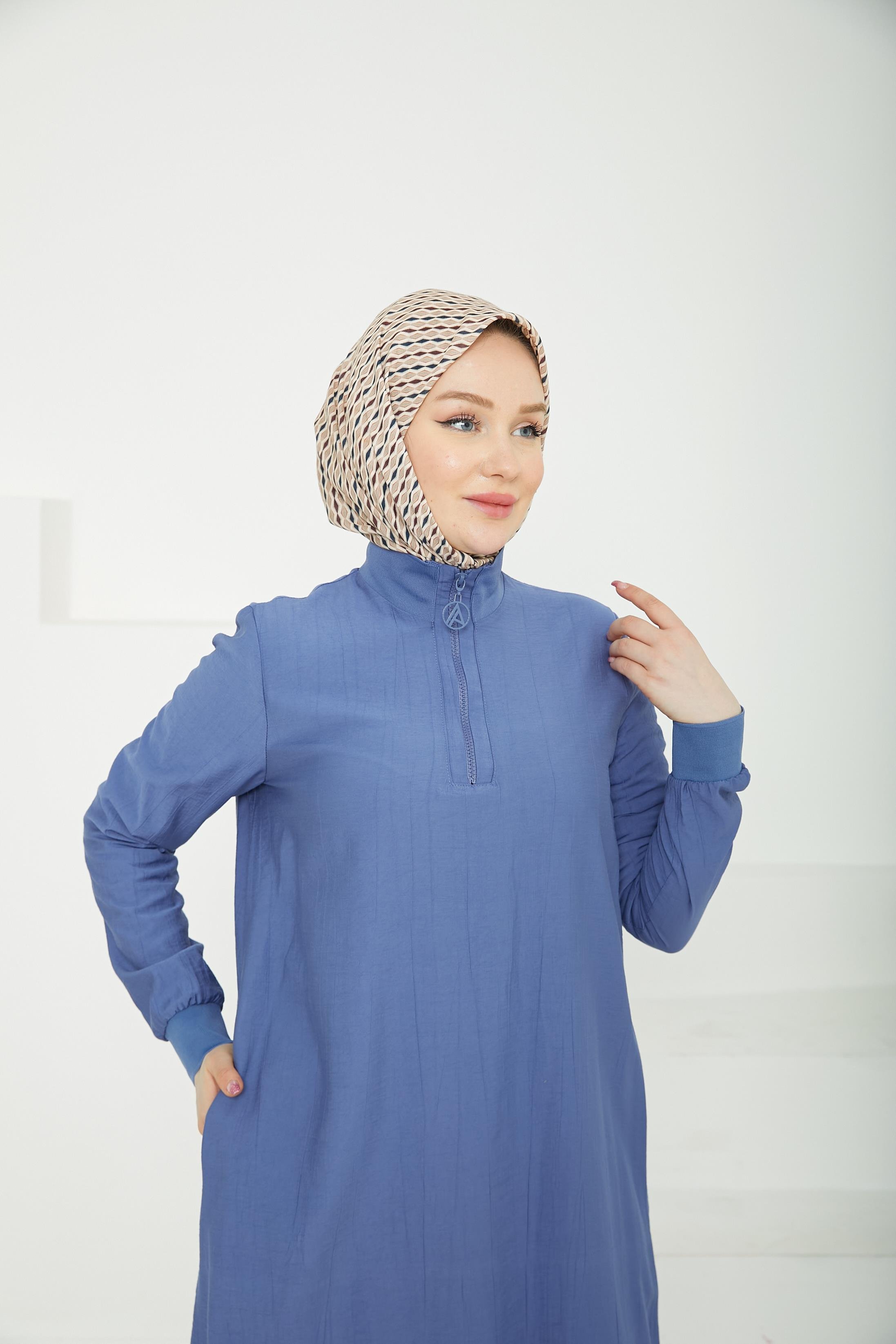 ARMİNE TREND Yarım Fermuarlı Kolları ve Yakası Ribanalı Tunik-İndigo-25YT433