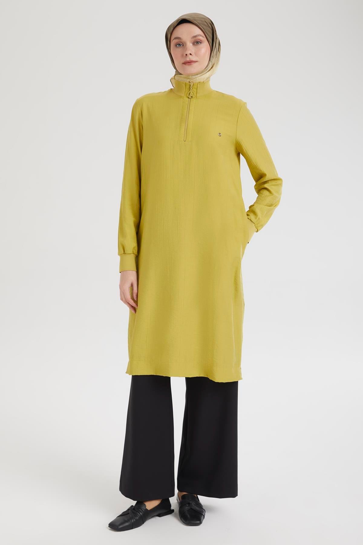 ARMİNE TREND Yarım Fermuarlı Kolları ve Yakası Ribanalı Tunik-Asit-25YT433