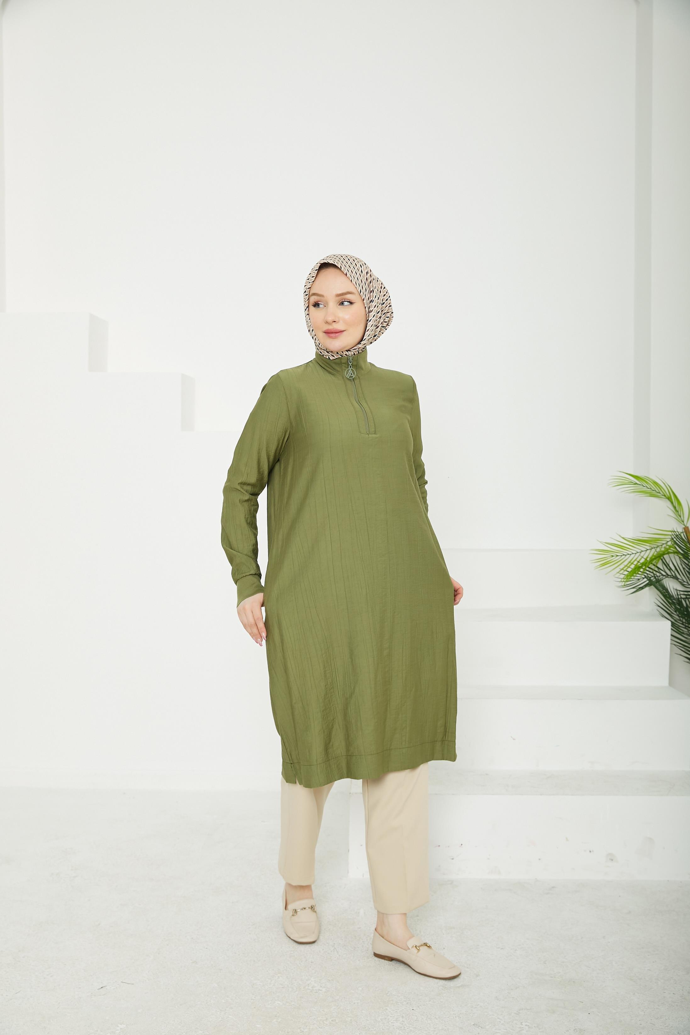 ARMİNE TREND Yarım Fermuarlı Kolları ve Yakası Ribanalı Tunik-Haki-25YT433