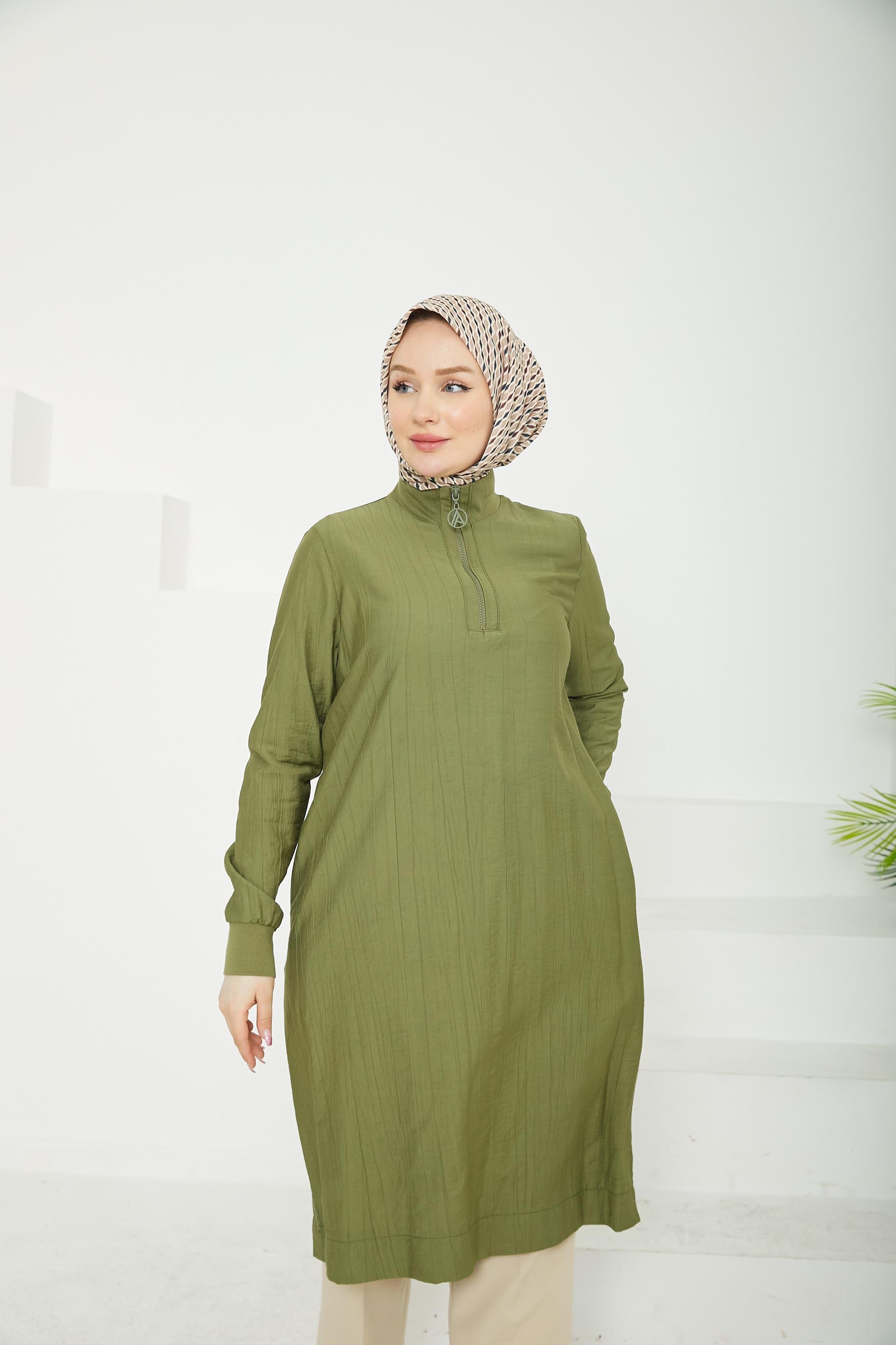 ARMİNE TREND Yarım Fermuarlı Kolları ve Yakası Ribanalı Tunik-Haki-25YT433