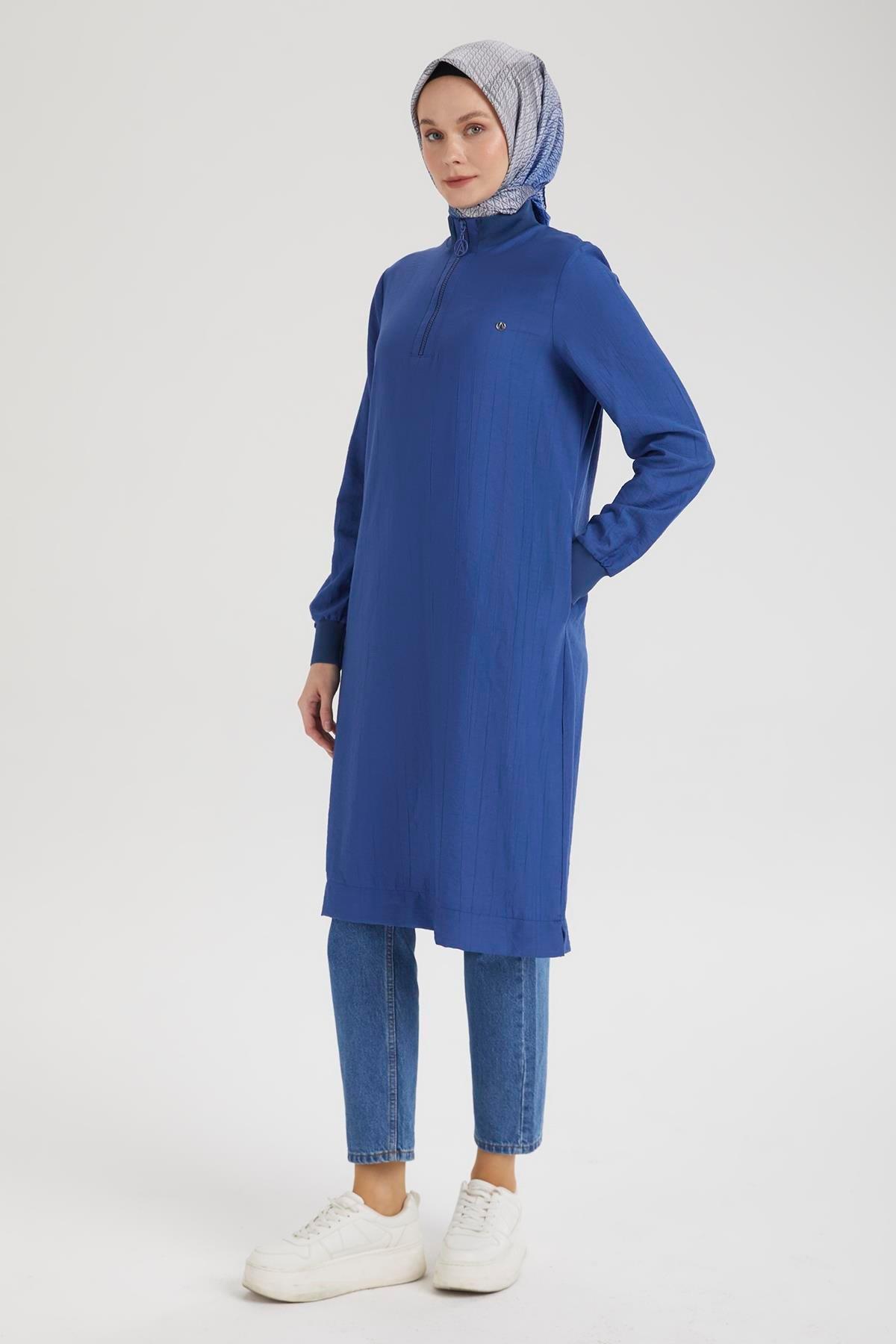 ARMİNE TREND Yarım Fermuarlı Kolları ve Yakası Ribanalı Tunik-Saks-25YT433