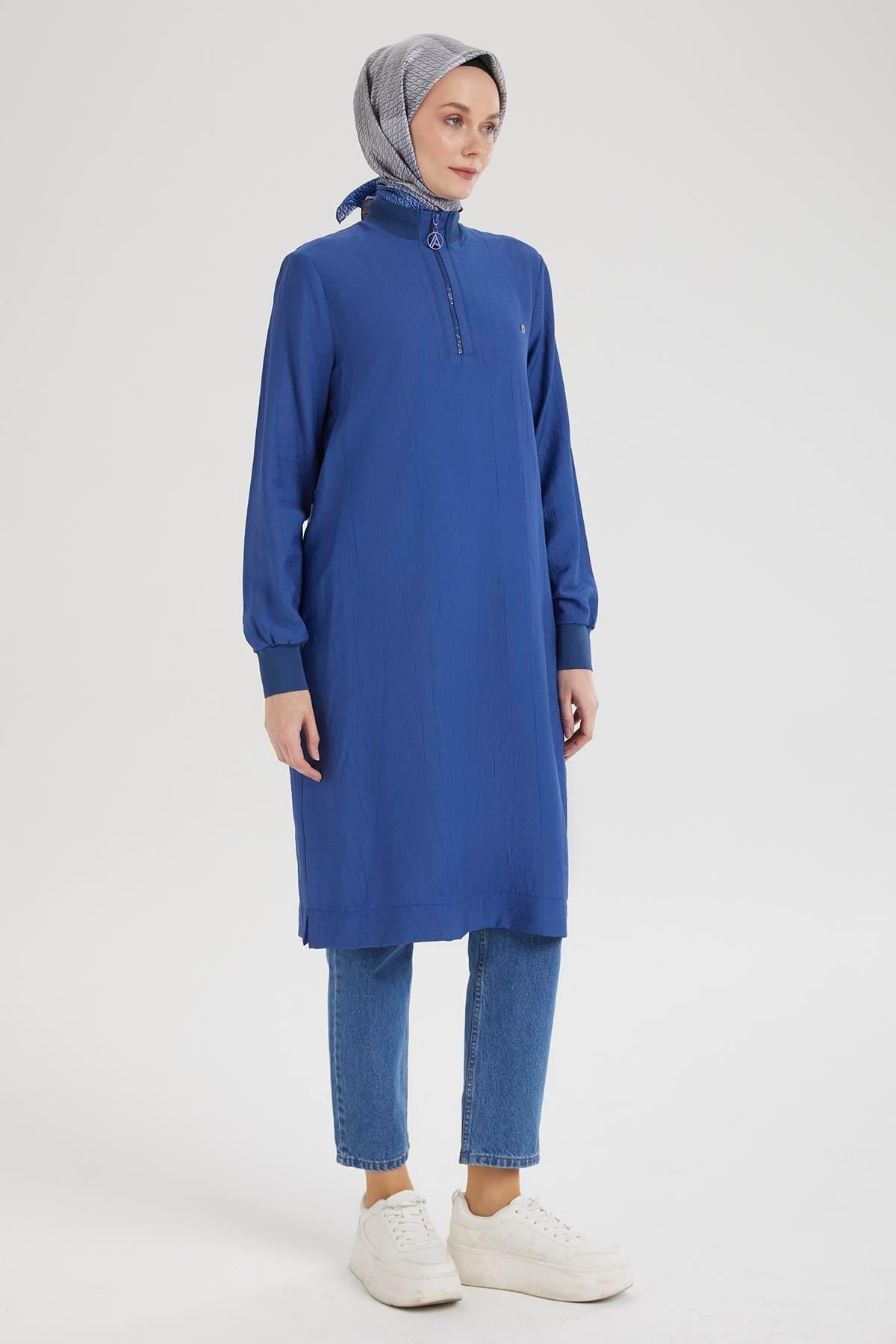ARMİNE TREND Yarım Fermuarlı Kolları ve Yakası Ribanalı Tunik-Saks-25YT433