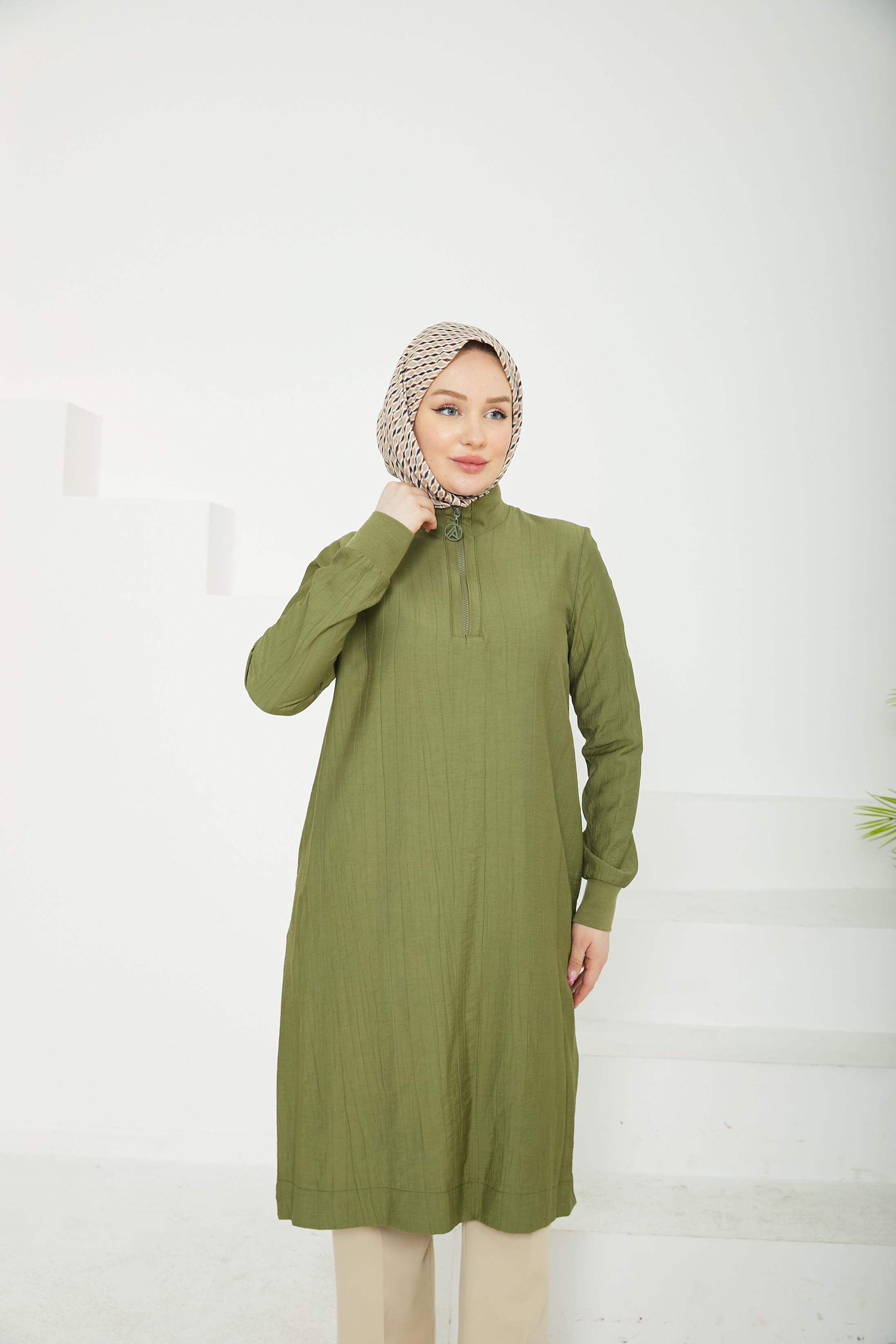 ARMİNE TREND Yarım Fermuarlı Kolları ve Yakası Ribanalı Tunik-Haki-25YT433