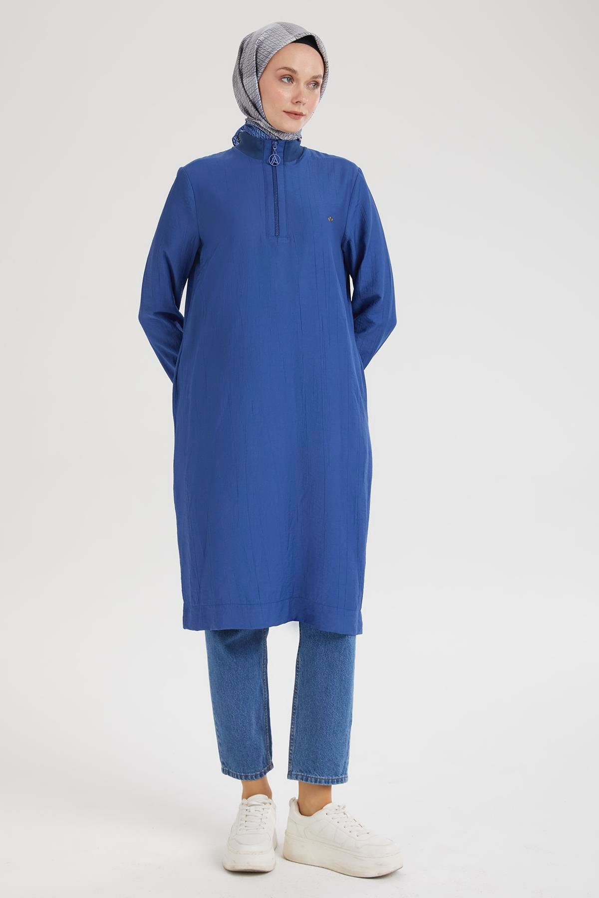 ARMİNE TREND Yarım Fermuarlı Kolları ve Yakası Ribanalı Tunik-Saks-25YT433