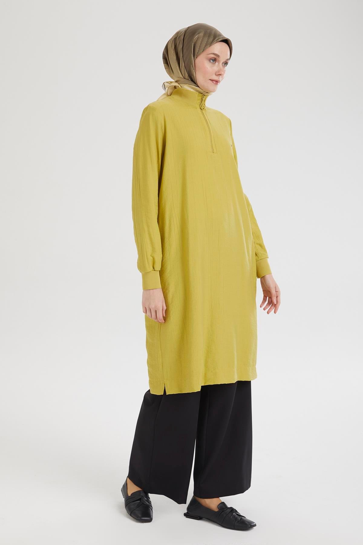 ARMİNE TREND Yarım Fermuarlı Kolları ve Yakası Ribanalı Tunik-Asit-25YT433
