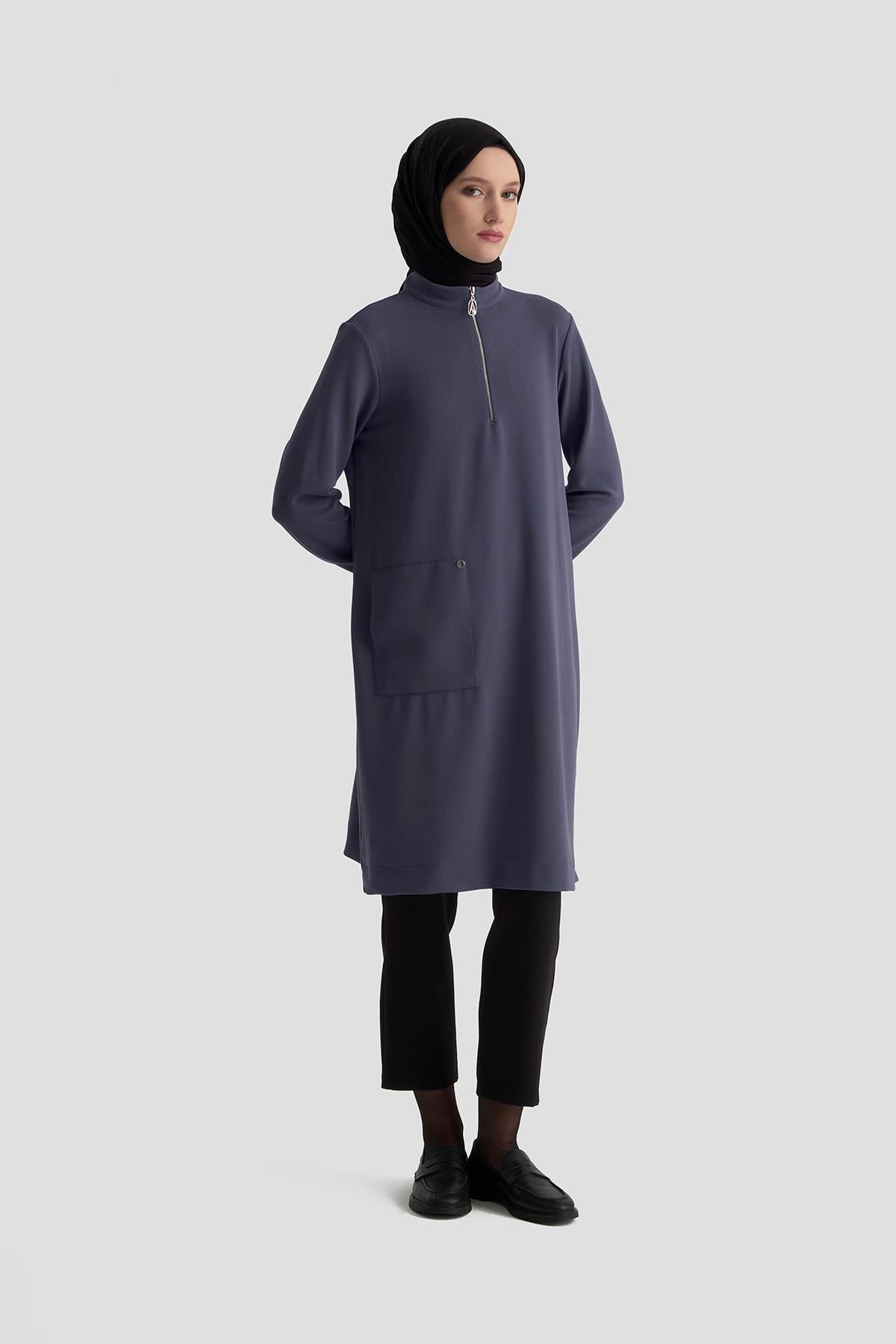 ARMİNE TREND Kolları Ribanalı Yarım Fermuarlı Tunik İndigo 25KT443