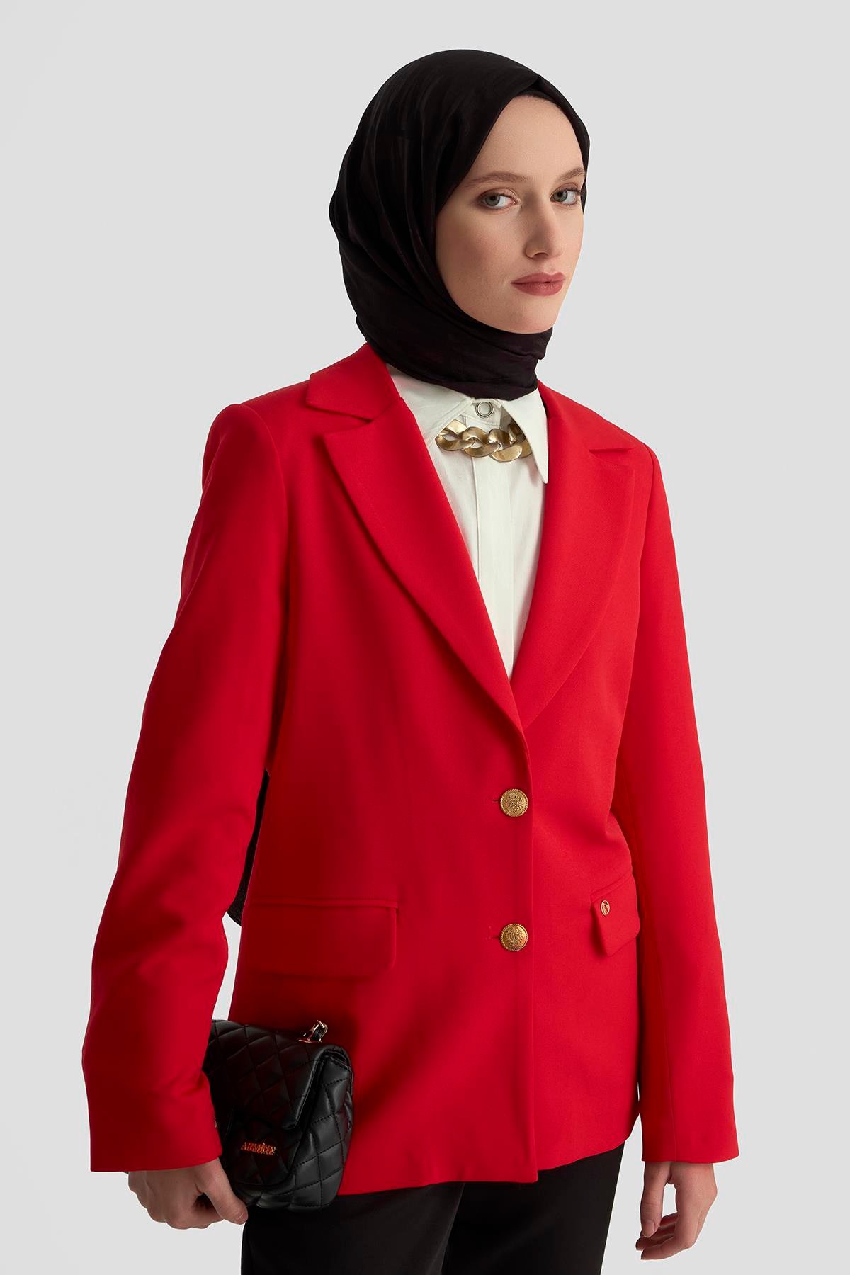 ARMİNE TREND Gold Düğmeli Astarlı Blazer Ceket Kırmızı 25KT520