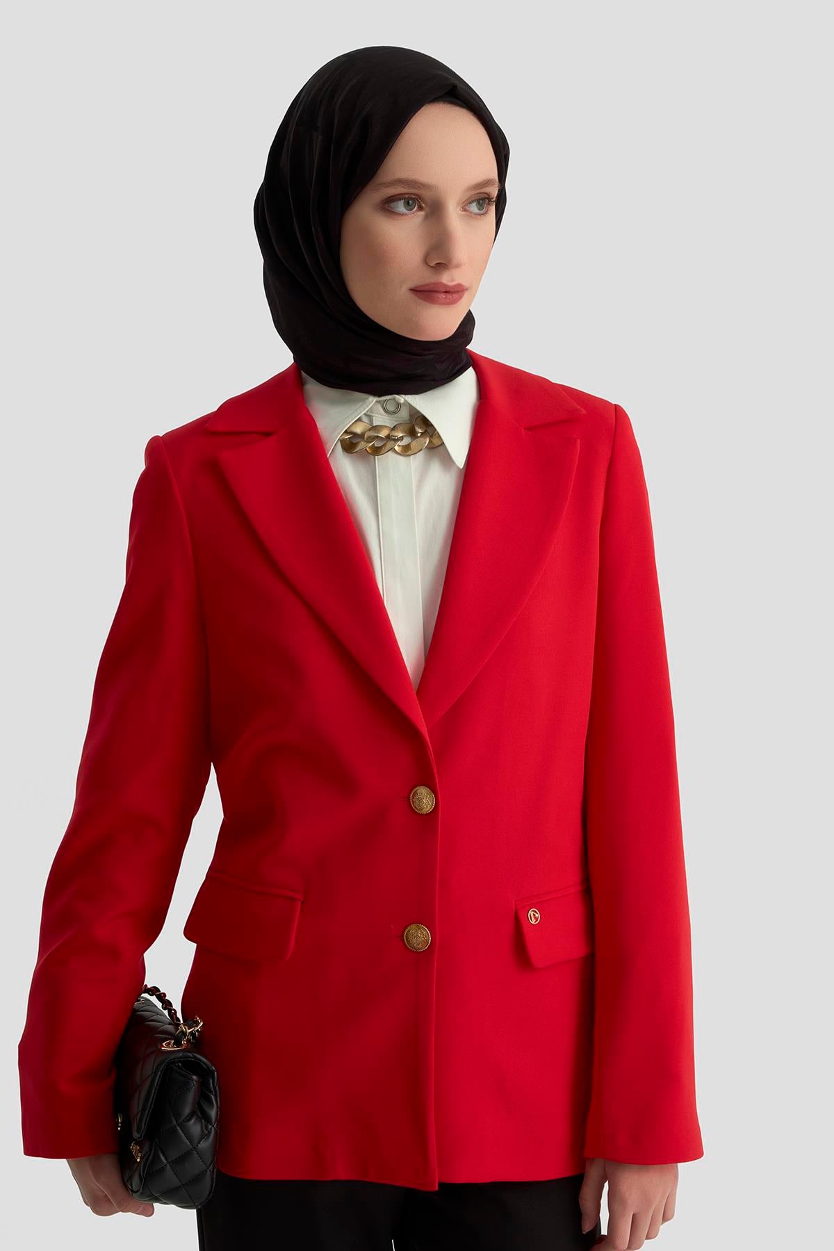 ARMİNE TREND Gold Düğmeli Astarlı Blazer Ceket Kırmızı 25KT520