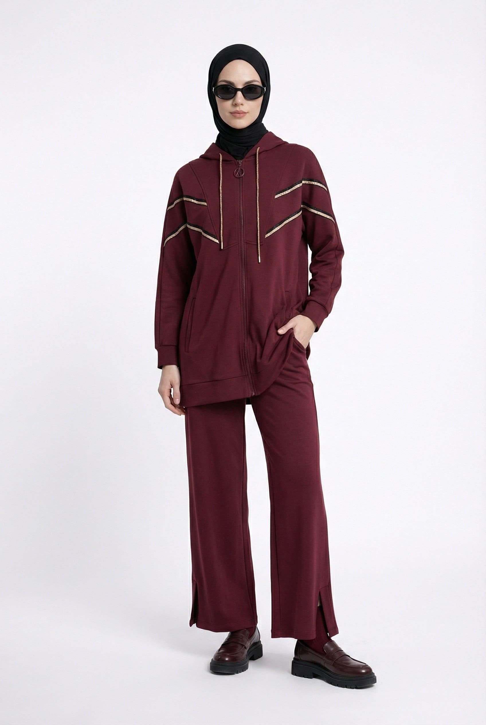 Armine Trend 25KT631 Şerit Detaylı Bordo Pantolonlu Takım