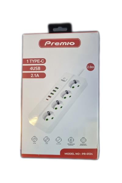 Premio 3 lü Temassız 4 USB' Li 1 TYP-C Girişli Grup Priz Beyaz Renk