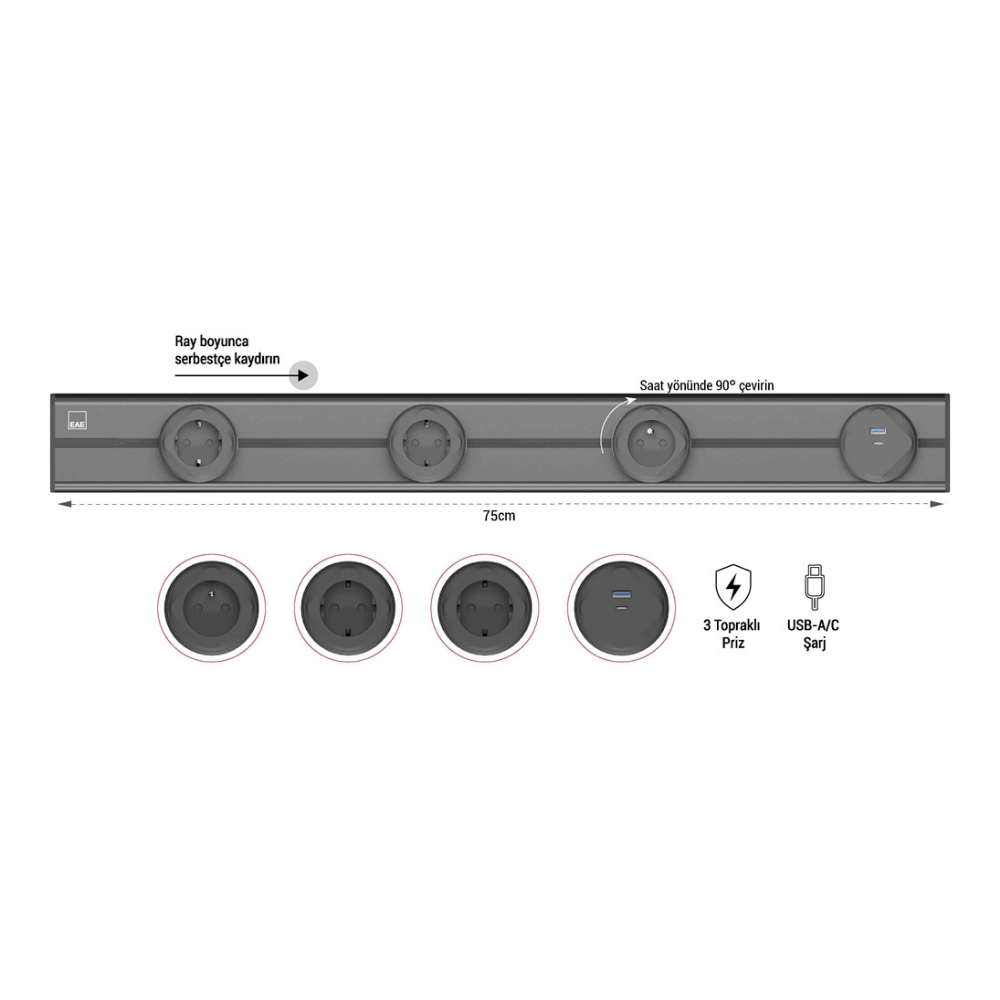 1074867EAE E-Flux Raylı Priz, 3 Şebeke, 1 USB Type A+C 20W Gri (EFG750){ubercoelektromarket}