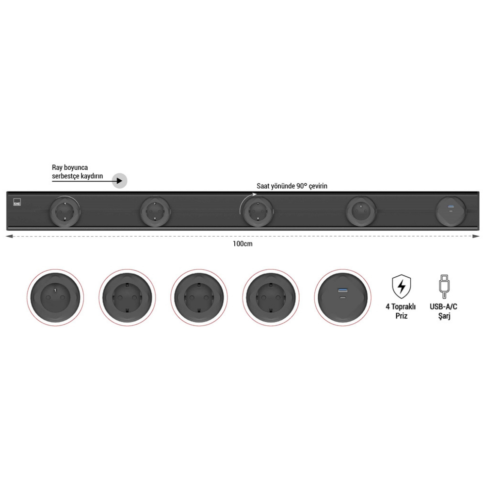 1074868EAE E-Flux Raylı Priz, 4 Şebeke, 1 USB Type A+C 20W Siyah (EFS1000){ubercoelektromarket}