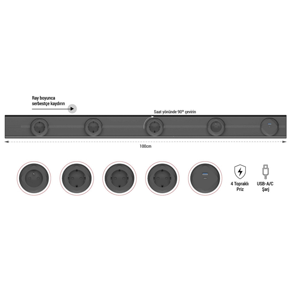 1074869EAE E-Flux Raylı Priz, 4 Şebeke, 1 USB Type A+C 20W Gri (EFG1000){ubercoelektromarket}