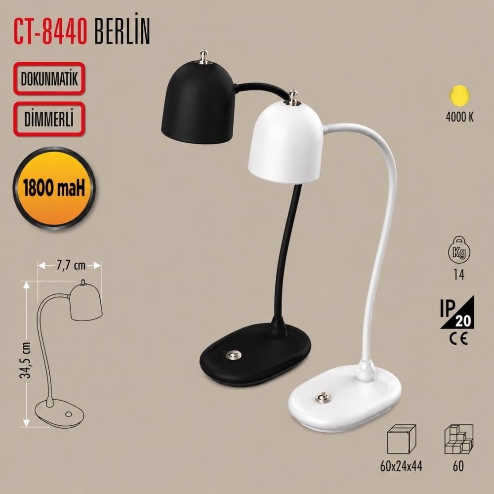 CT-8440BCata CT-8440 Berlin Dokunmatik Şarjlı Masa Lambası Dimlenebilir Işık Beyaz Renk{ubercoelektromarket}