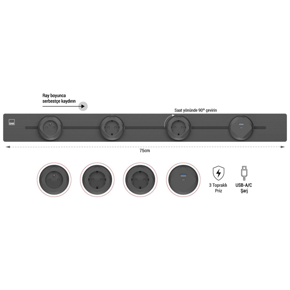 1074870EAE E-Flux IN Raylı Gömme Priz, 3 Şebeke, 1 USB Type A+C 20W Siyah (EFS750-IN){ubercoelektromarket}