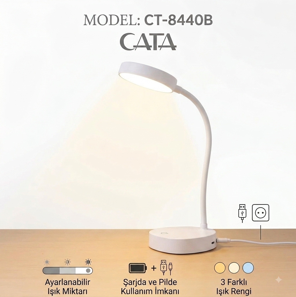 CT-8440BCata CT-8440 Berlin Dokunmatik Şarjlı Masa Lambası Dimlenebilir Işık Beyaz Renk{ubercoelektromarket}