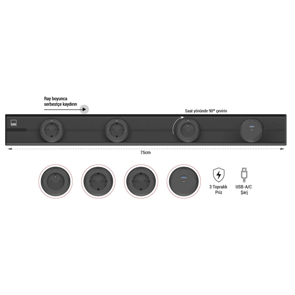 1074866EAE E-Flux Raylı Priz, 3 Şebeke, 1 USB Type A+C 20W Siyah (EFS750){ubercoelektromarket}
