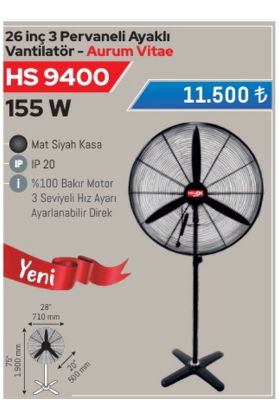 HS 9400Helios 26 inç 3 Pervaneli Ayaklı Vantilatör{ubercoelektromarket}