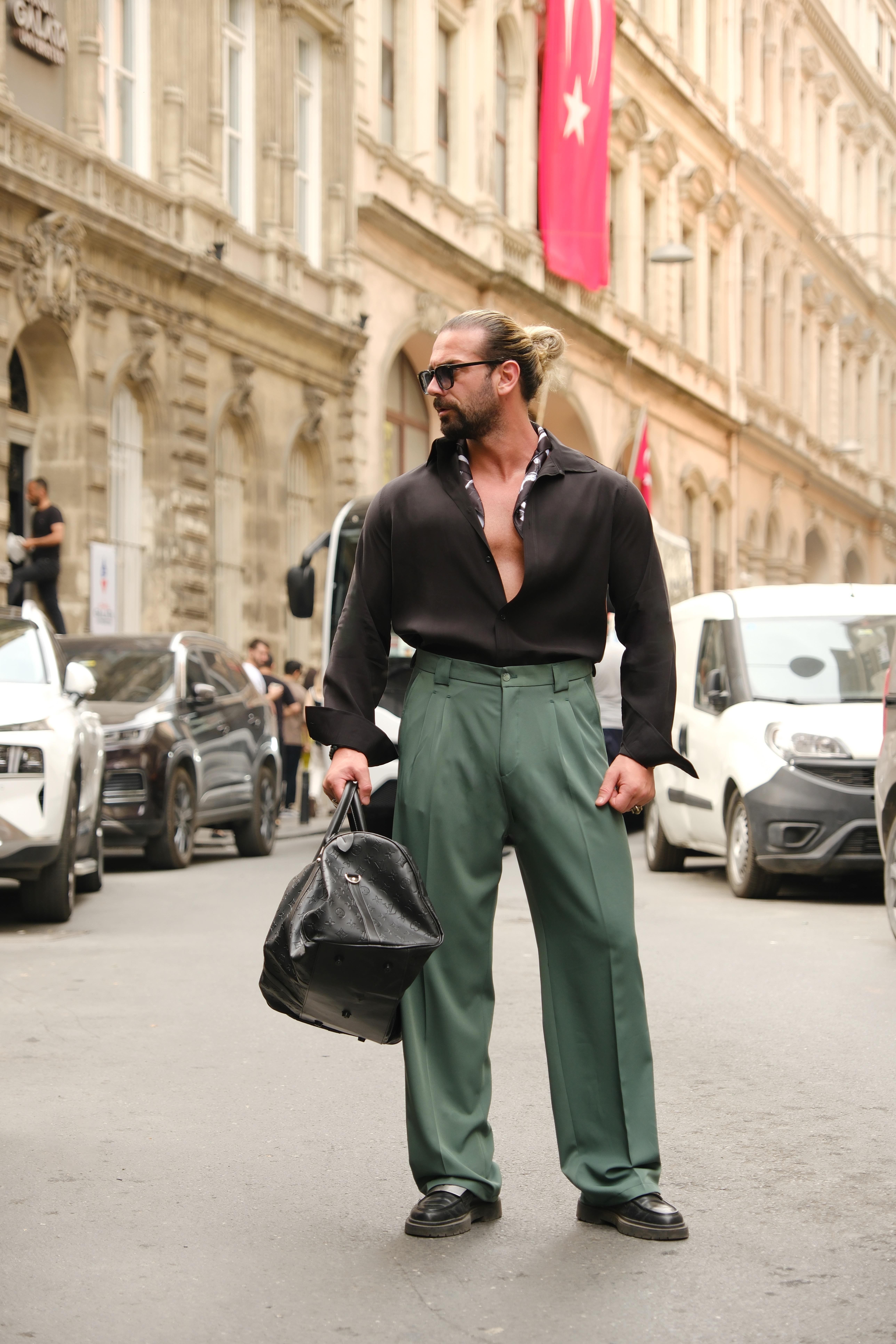 Premium Kalite Yeşil Yüksek Bel Çift Pileli Baggy Pantolon