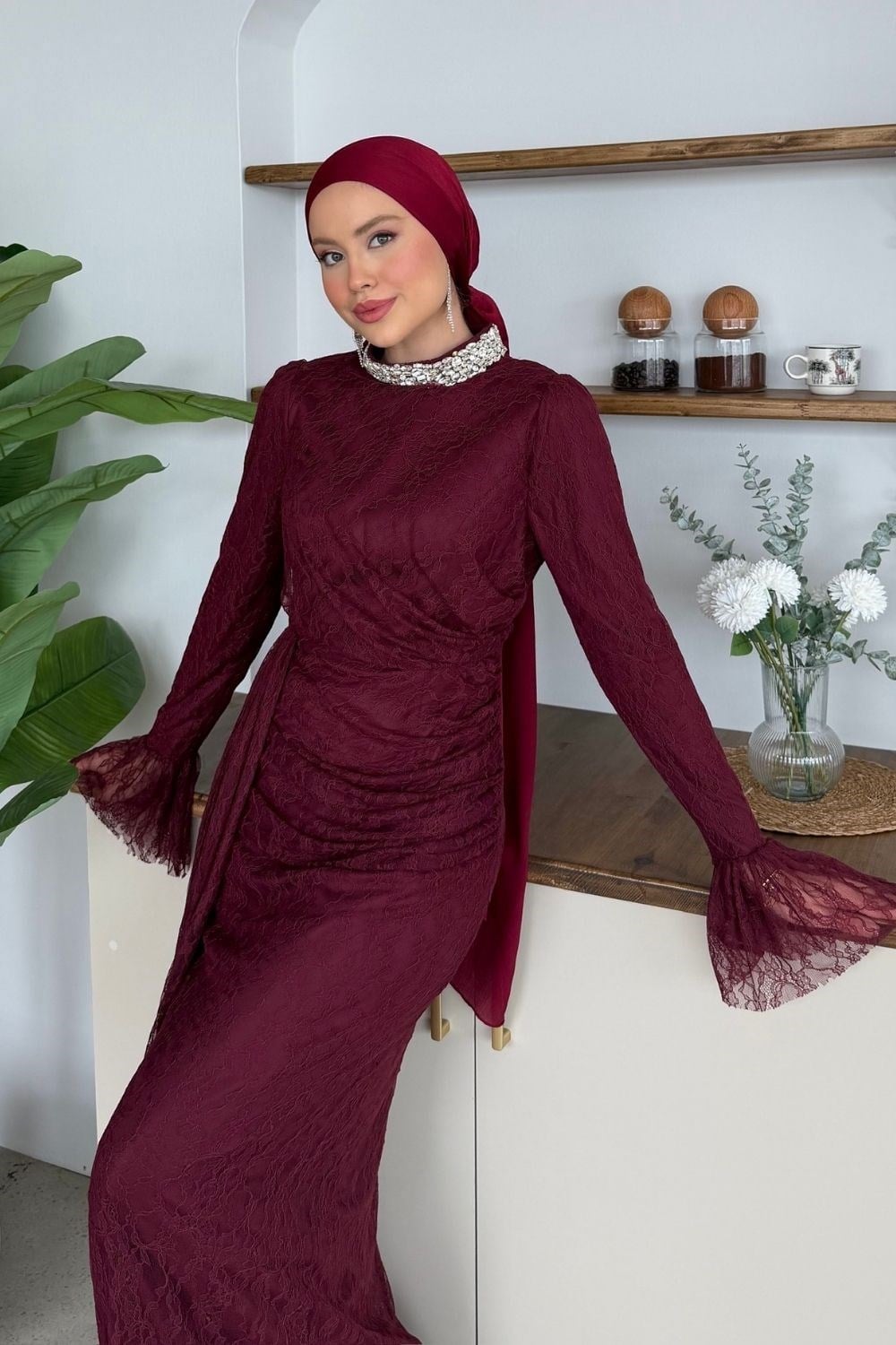 Bella Taş Yaka Dety Abiye Bordo