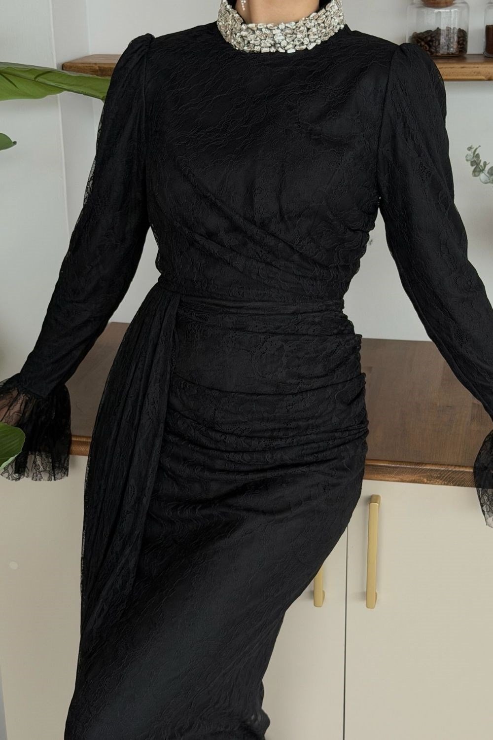 Bella Taş Yaka Dety Abiye Siyah