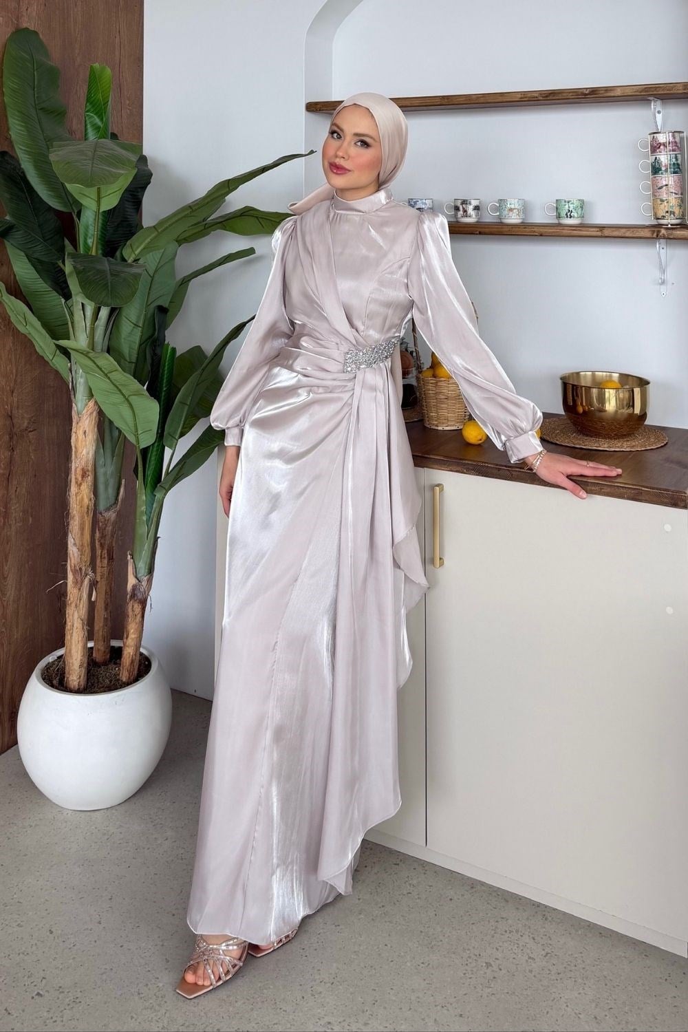 Caroline Taşlı Abiye Bej