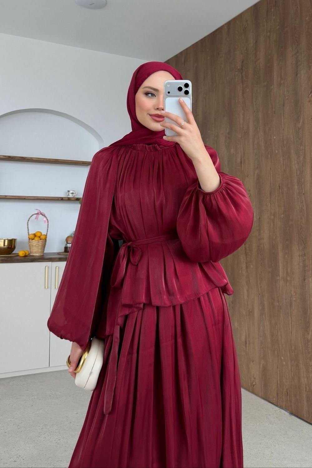 Elfida Saten Takımlı Abiye Bordo