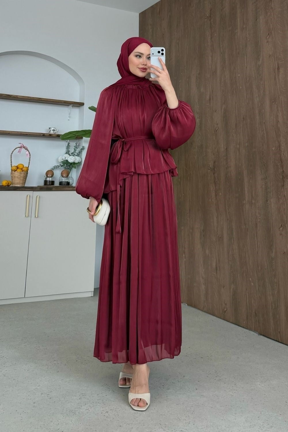 Elfida Saten Takımlı Abiye Bordo