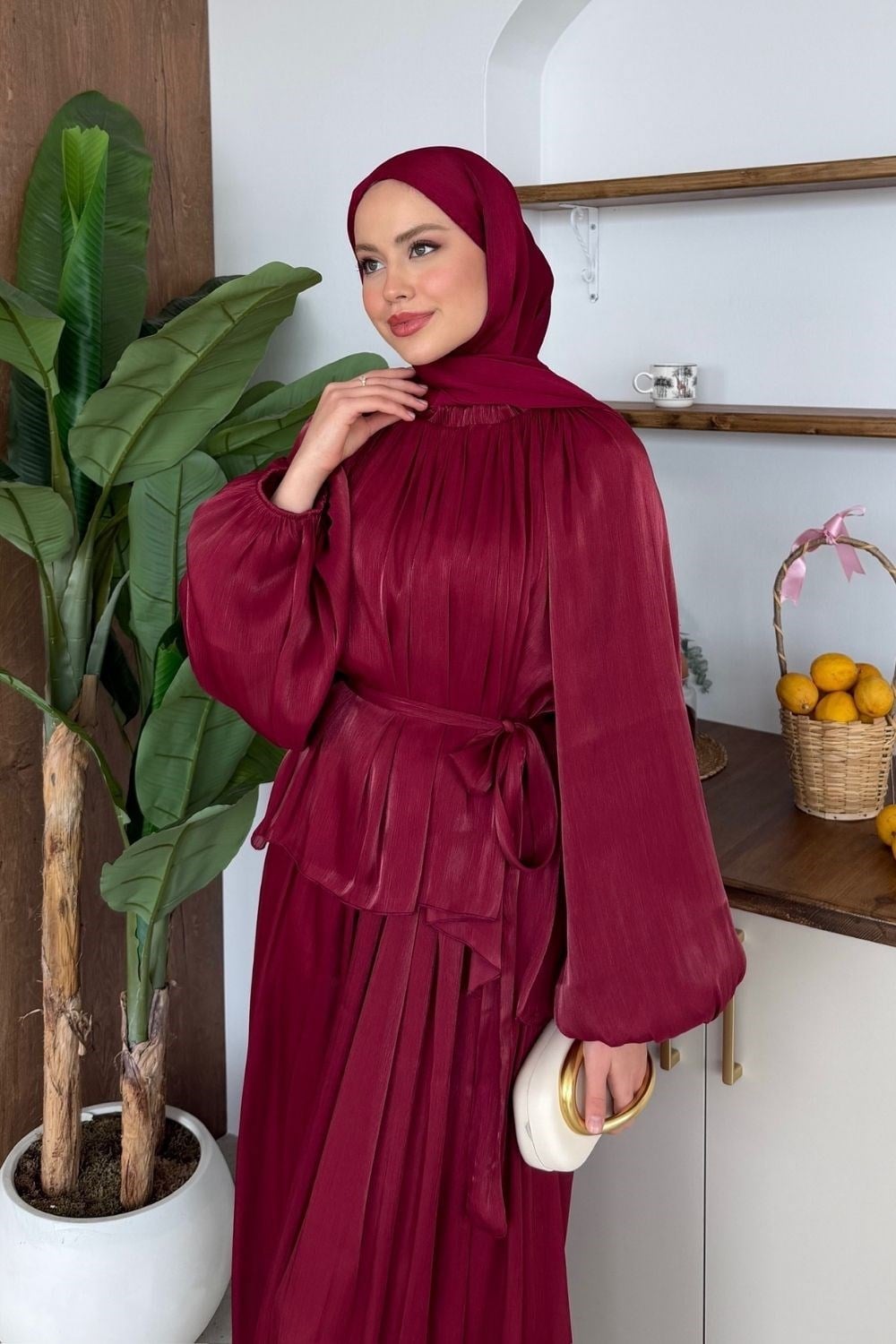 Elfida Saten Takımlı Abiye Bordo