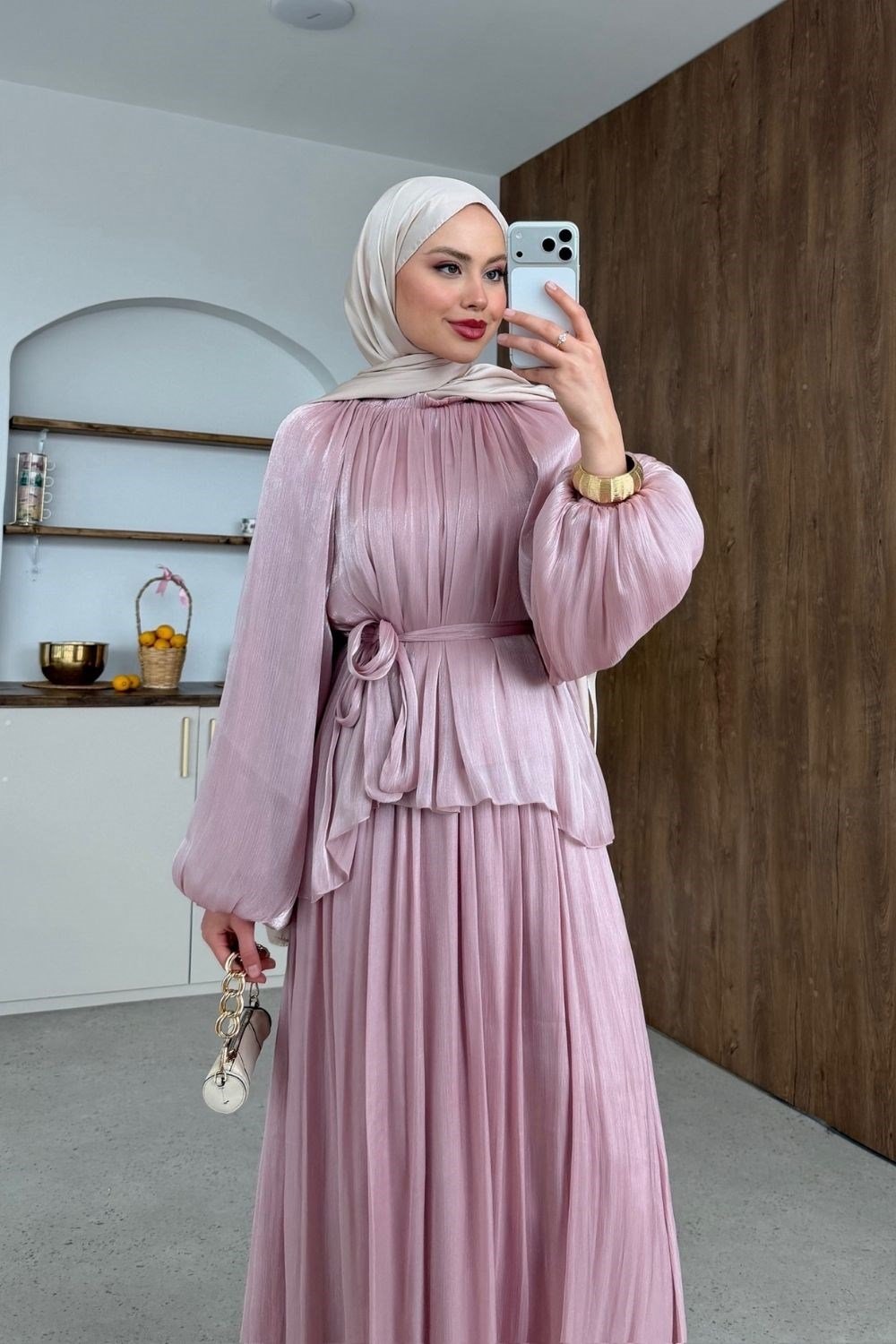 Elfida Saten Takımlı Abiye Pudra
