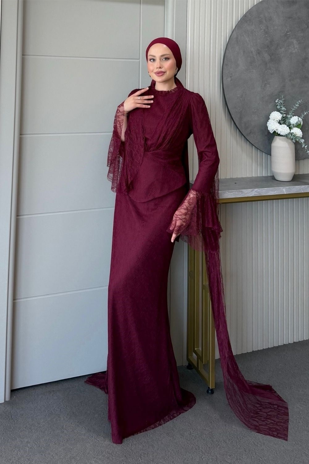 Elizya Dantel Abiye Takım Bordo
