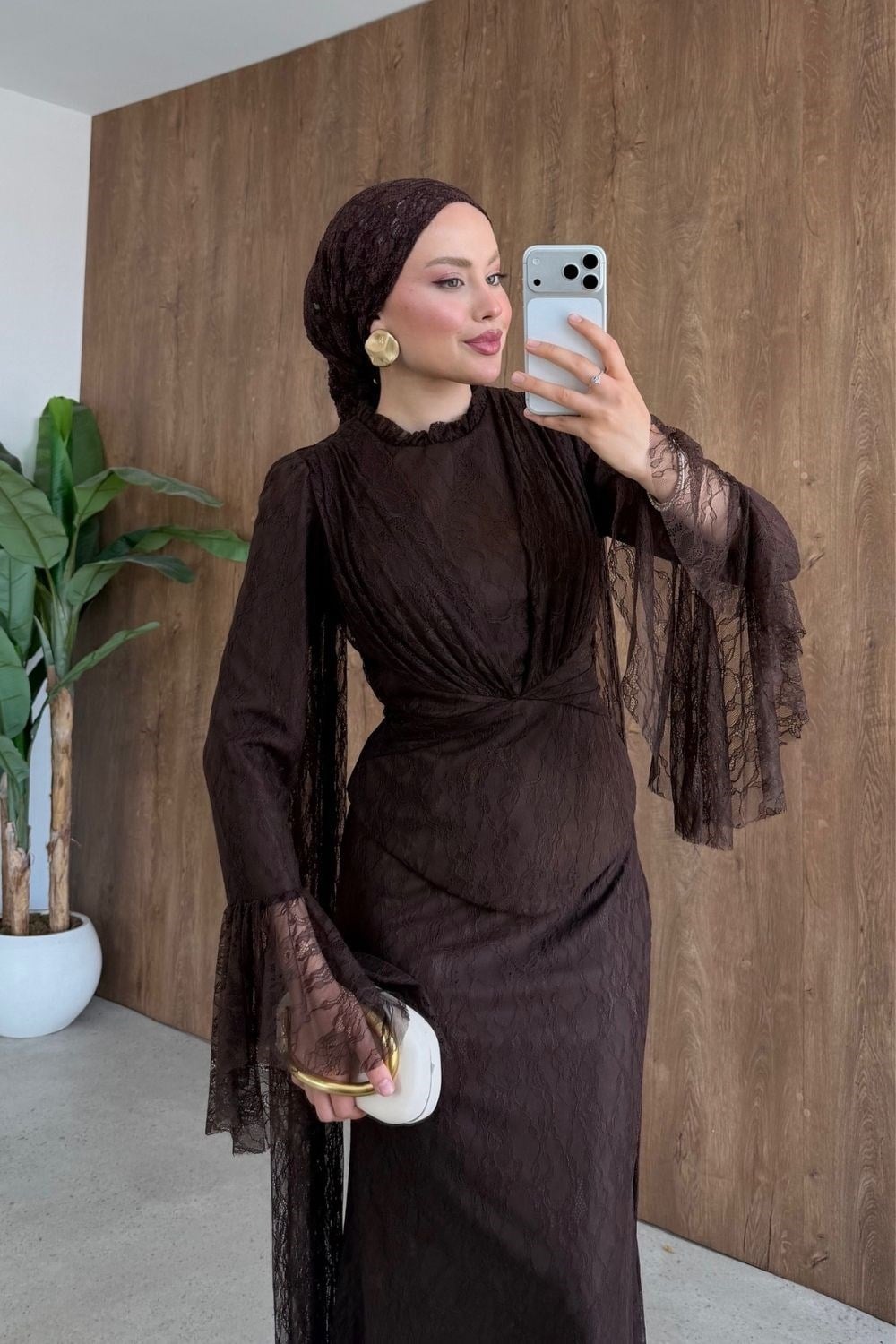 Elizya Dantel Abiye Takım Kahverengi