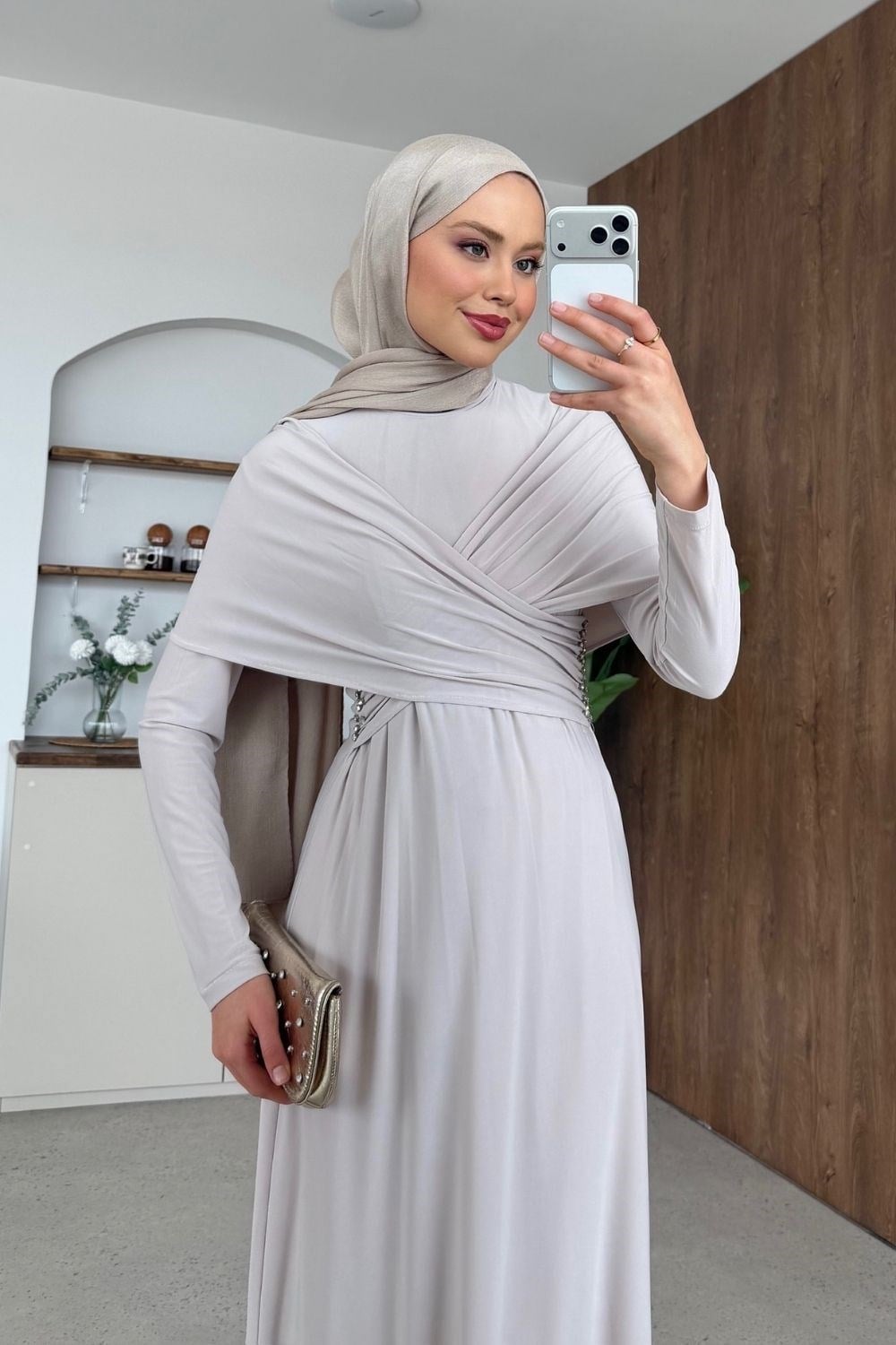 Hanzade Taşlı Sandy Elbise Bej