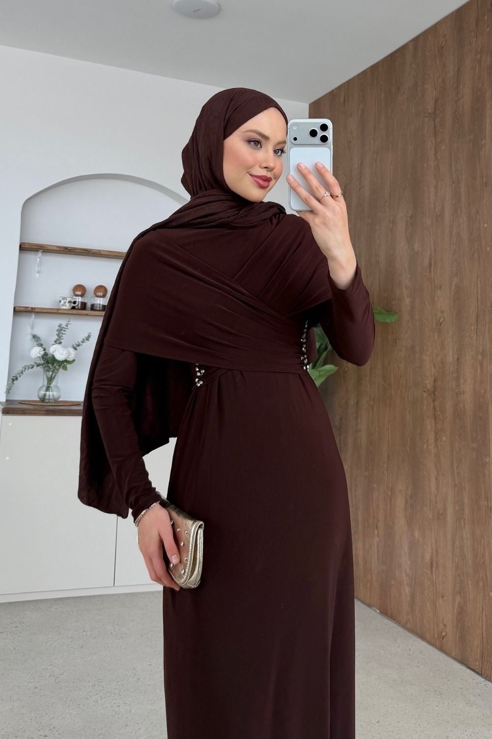 Hanzade Taşlı Sandy Elbise Kahverengi