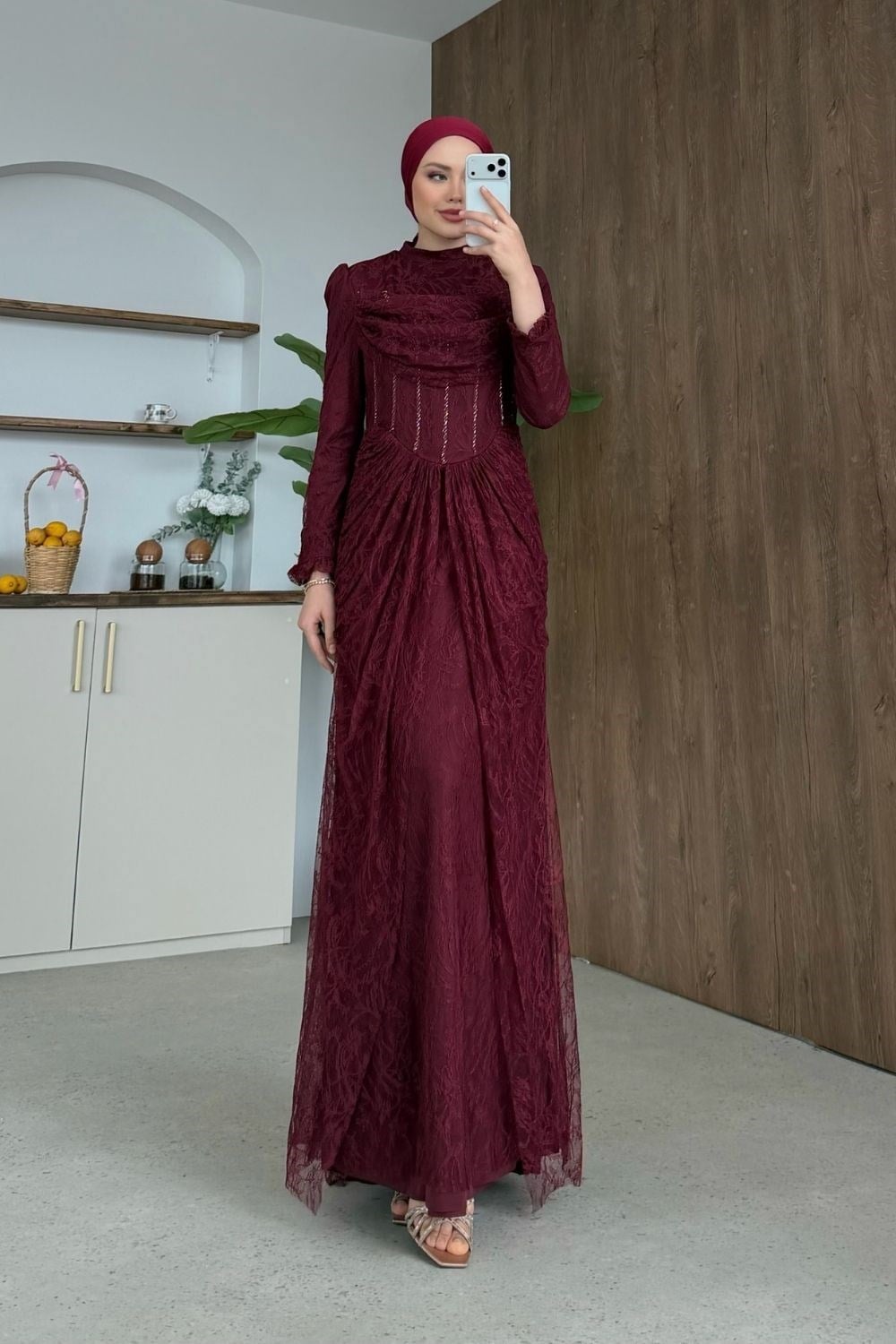 Juliet Korse Detay Dantel Abiye Bordo