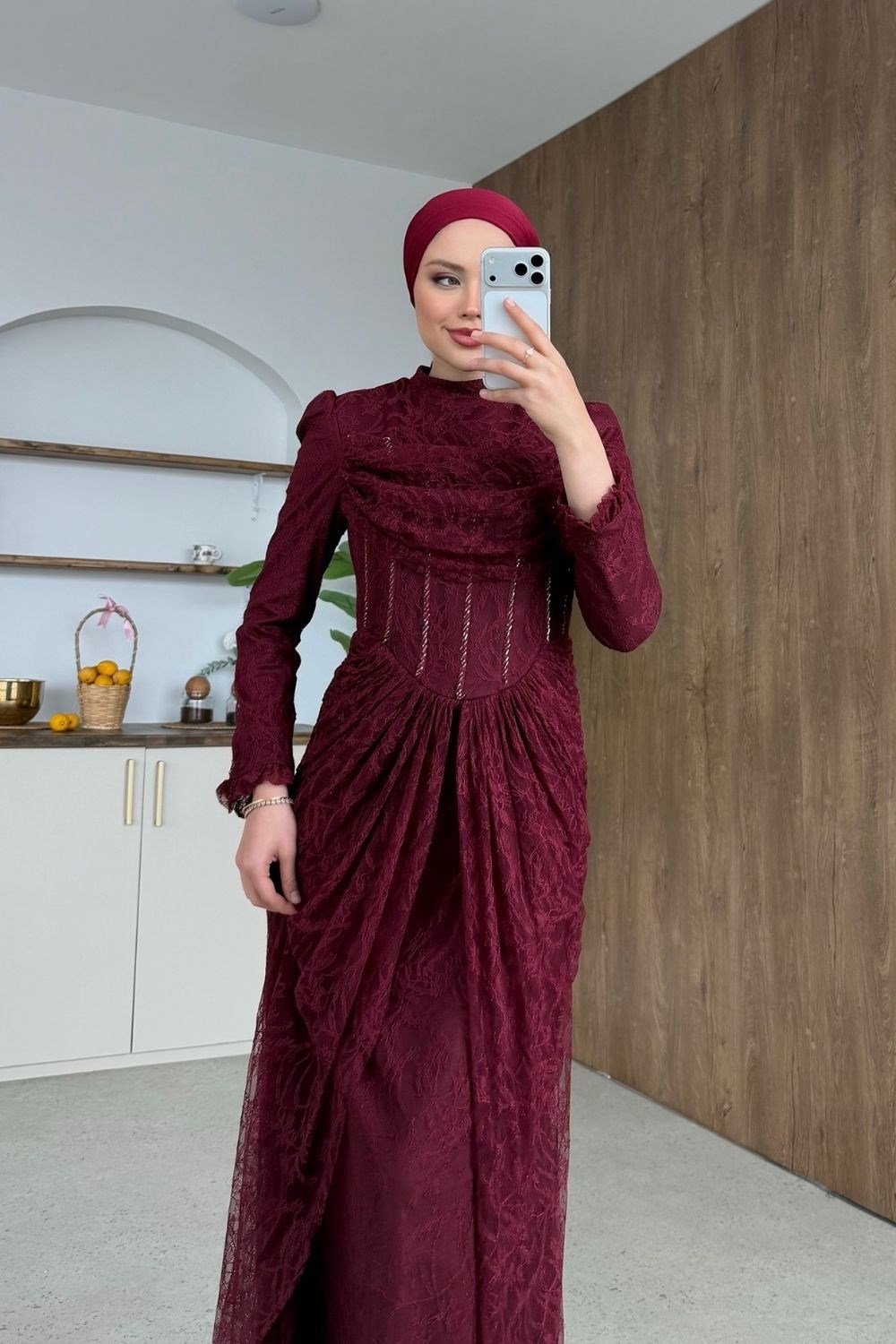 Juliet Korse Detay Dantel Abiye Bordo