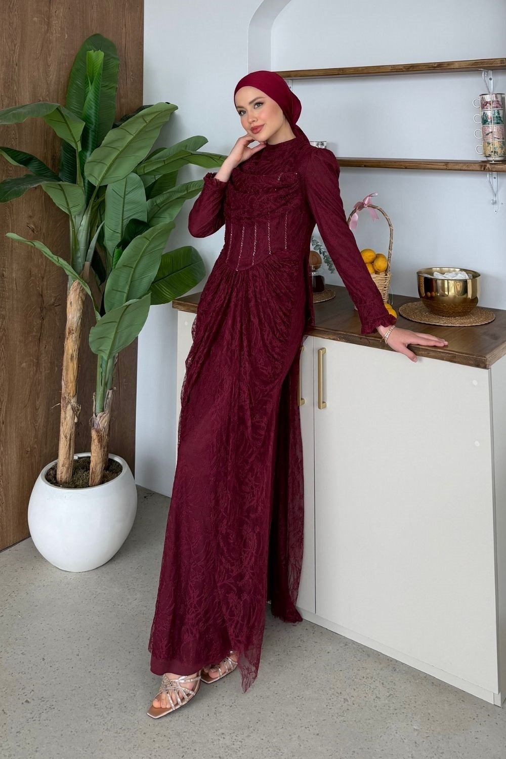 Juliet Korse Detay Dantel Abiye Bordo