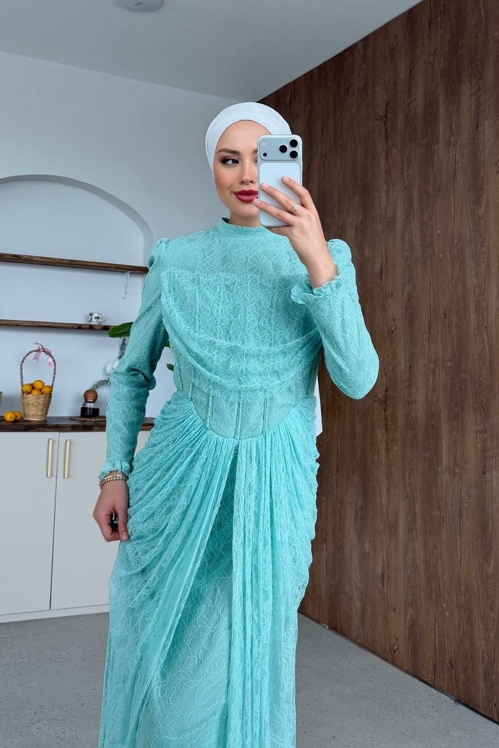 Juliet Korse Detay Dantel Abiye Su Yeşili
