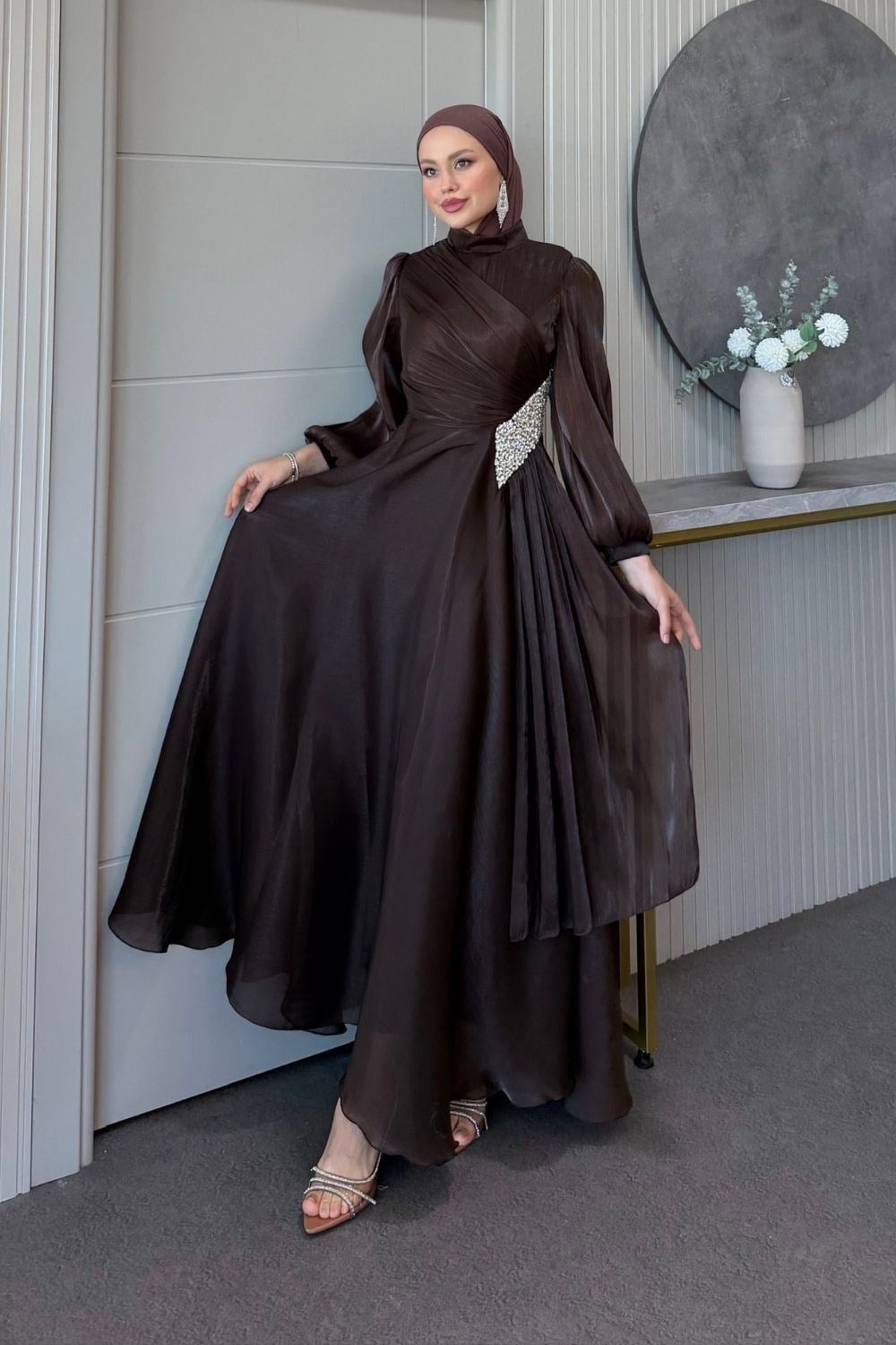 Kristal Drape Detay Abiye Kahverengi