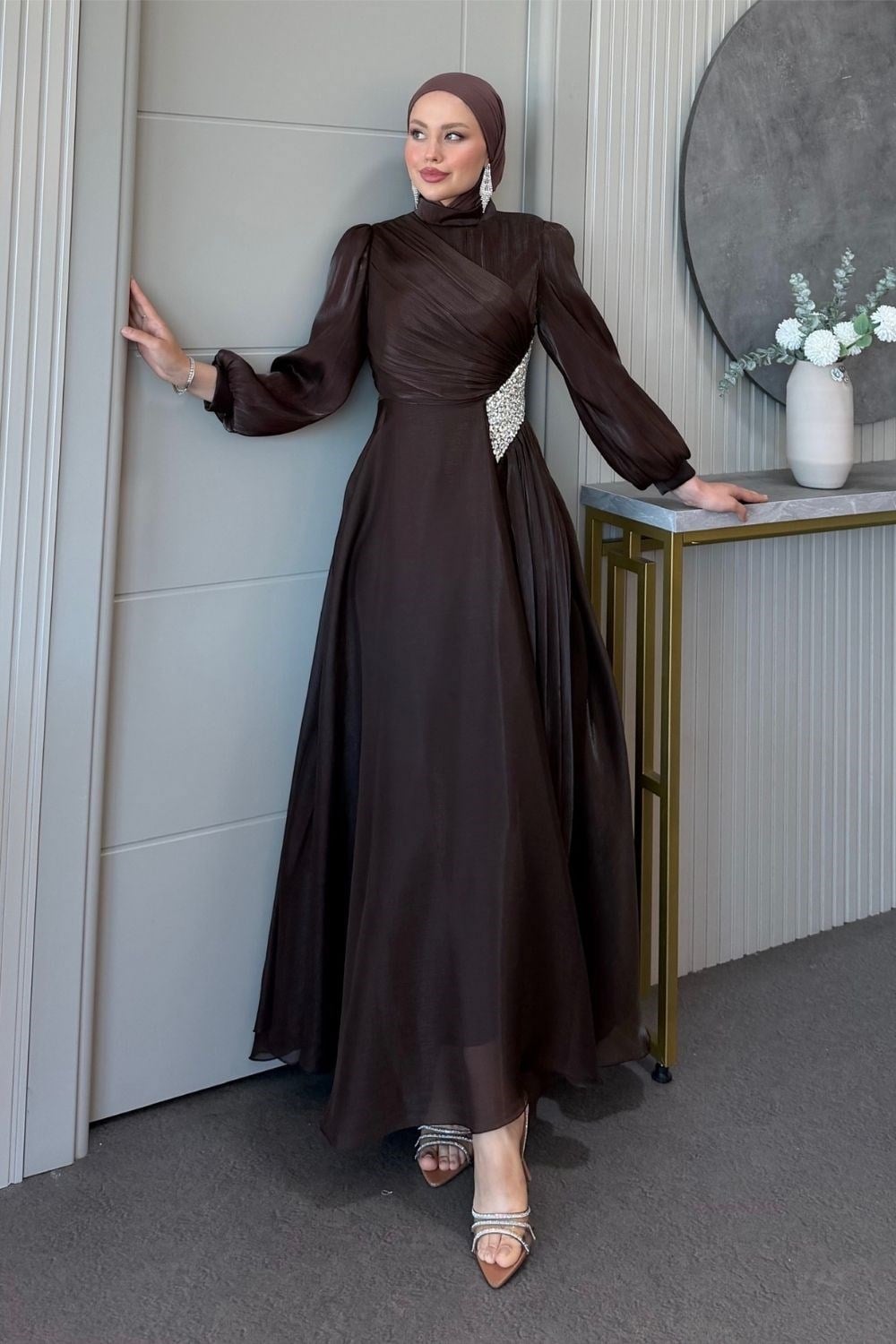 Kristal Drape Detay Abiye Kahverengi