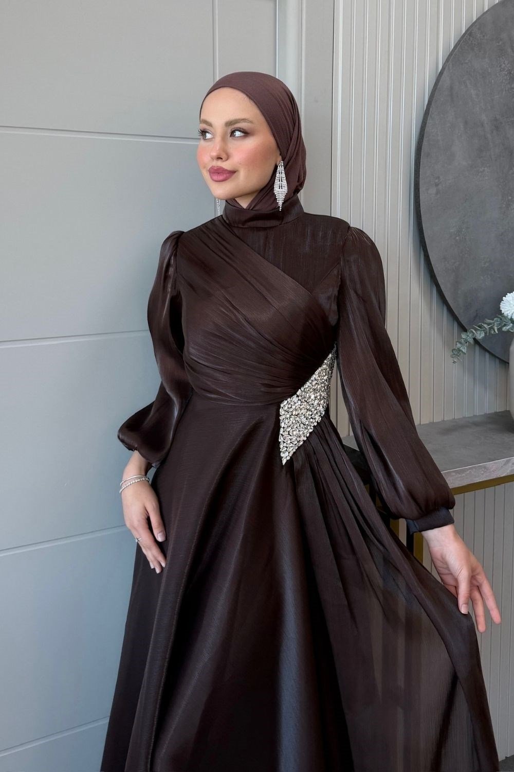 Kristal Drape Detay Abiye Kahverengi